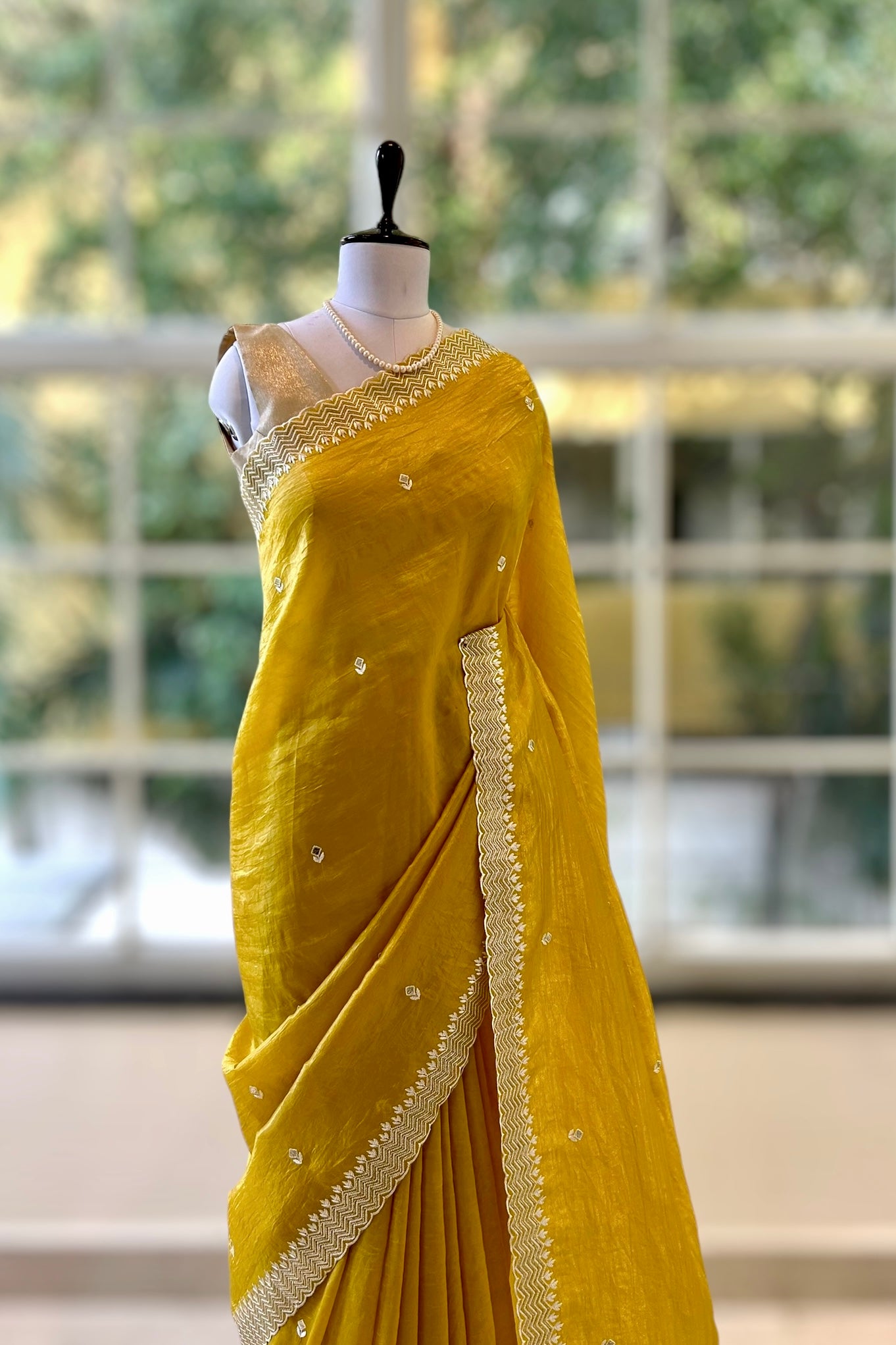 Yellow embroidered soft organza saree