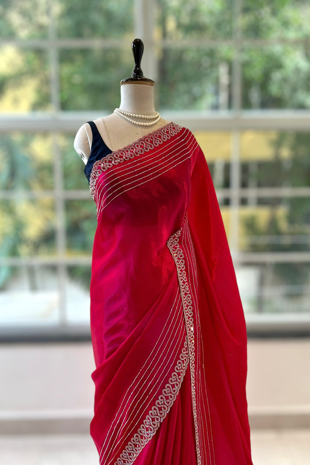 Swarovski sheen organza saree - Crimson