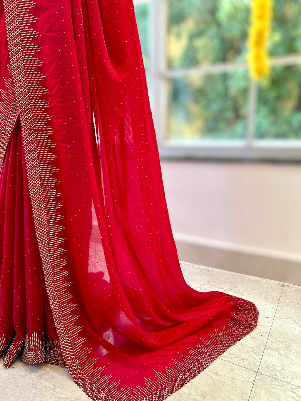 Red shimmer organza embellished saree