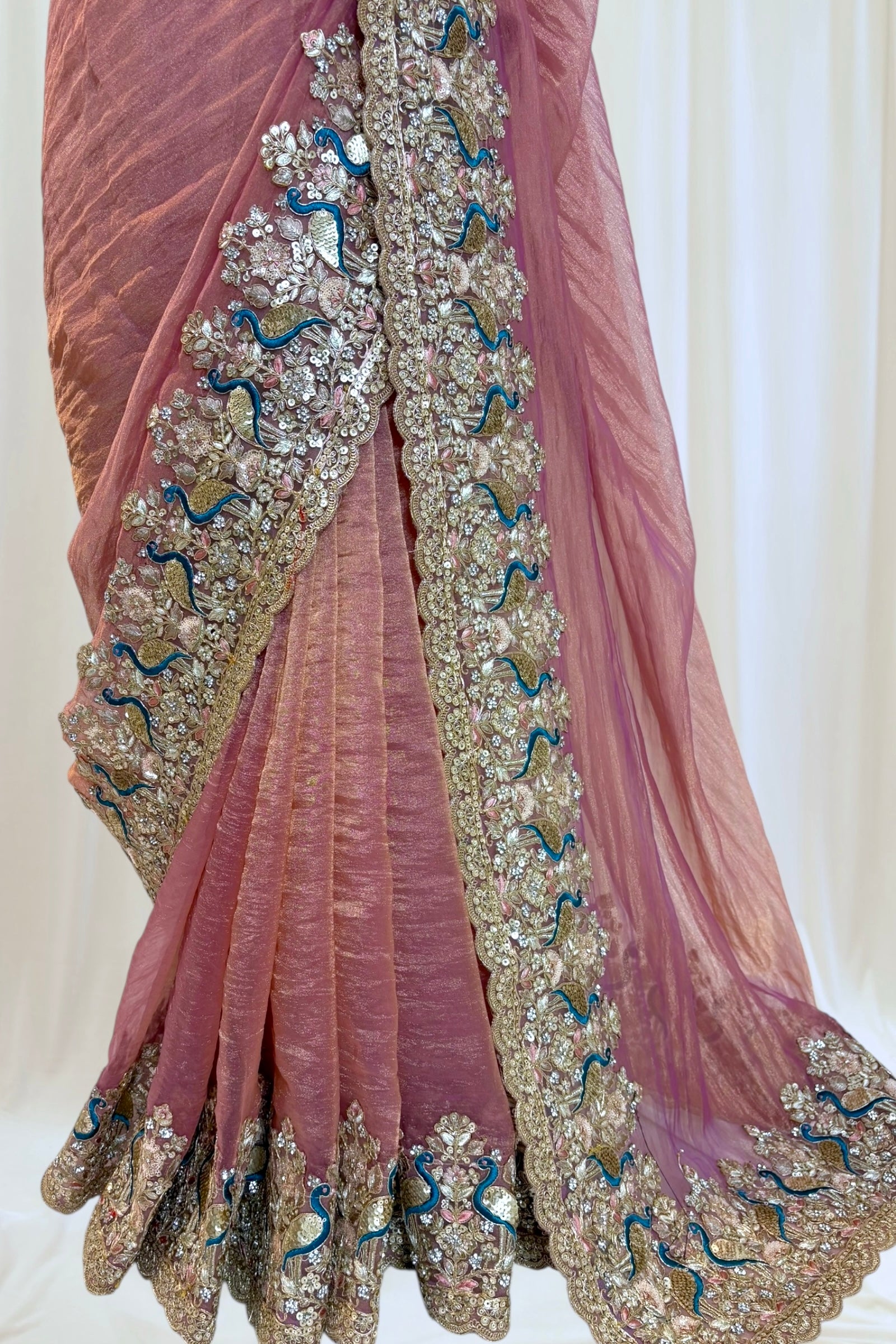 Tissue embellished saree - Rose gold