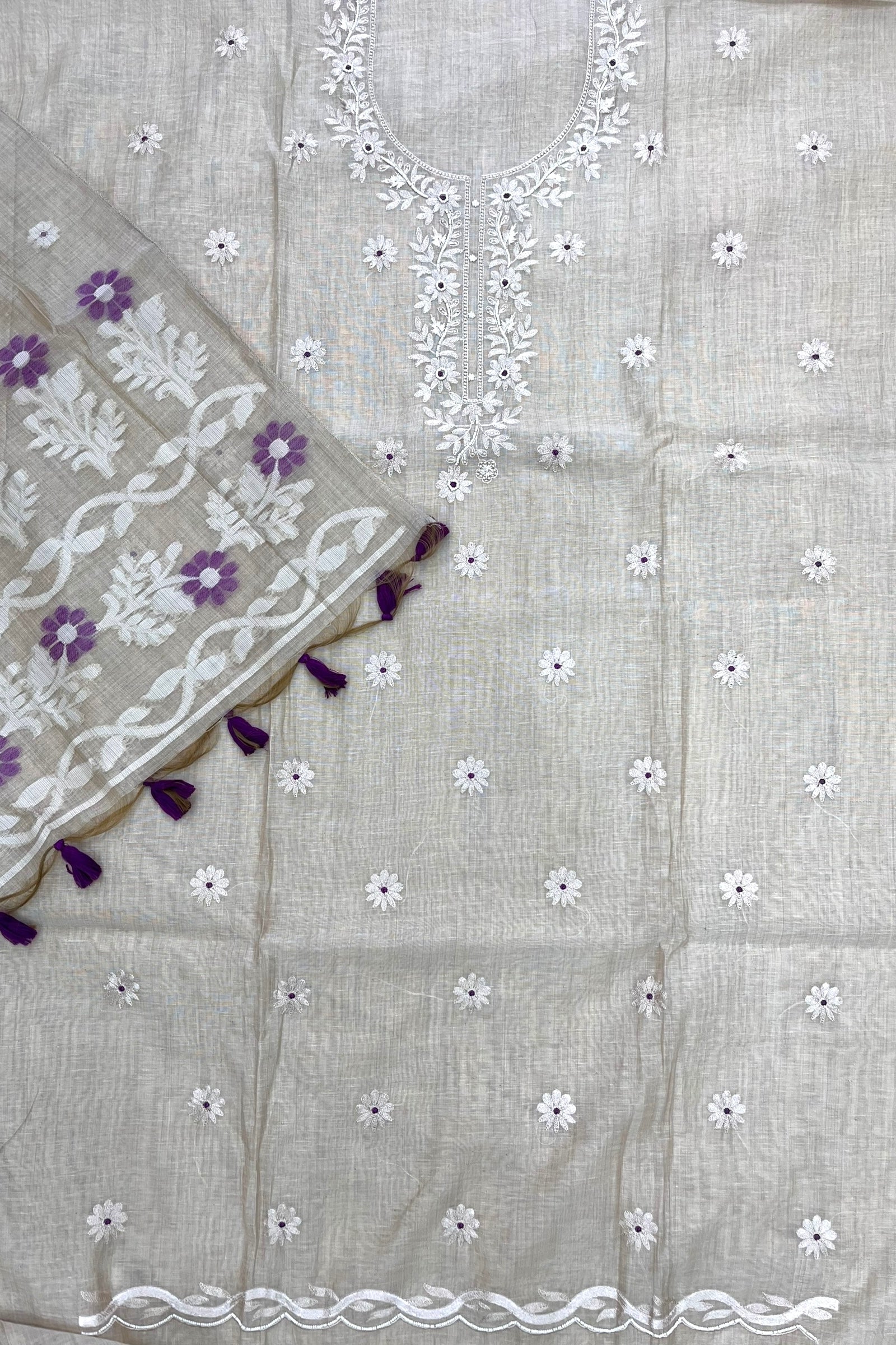 Pure linen embroidered unstitched suit set - Purple