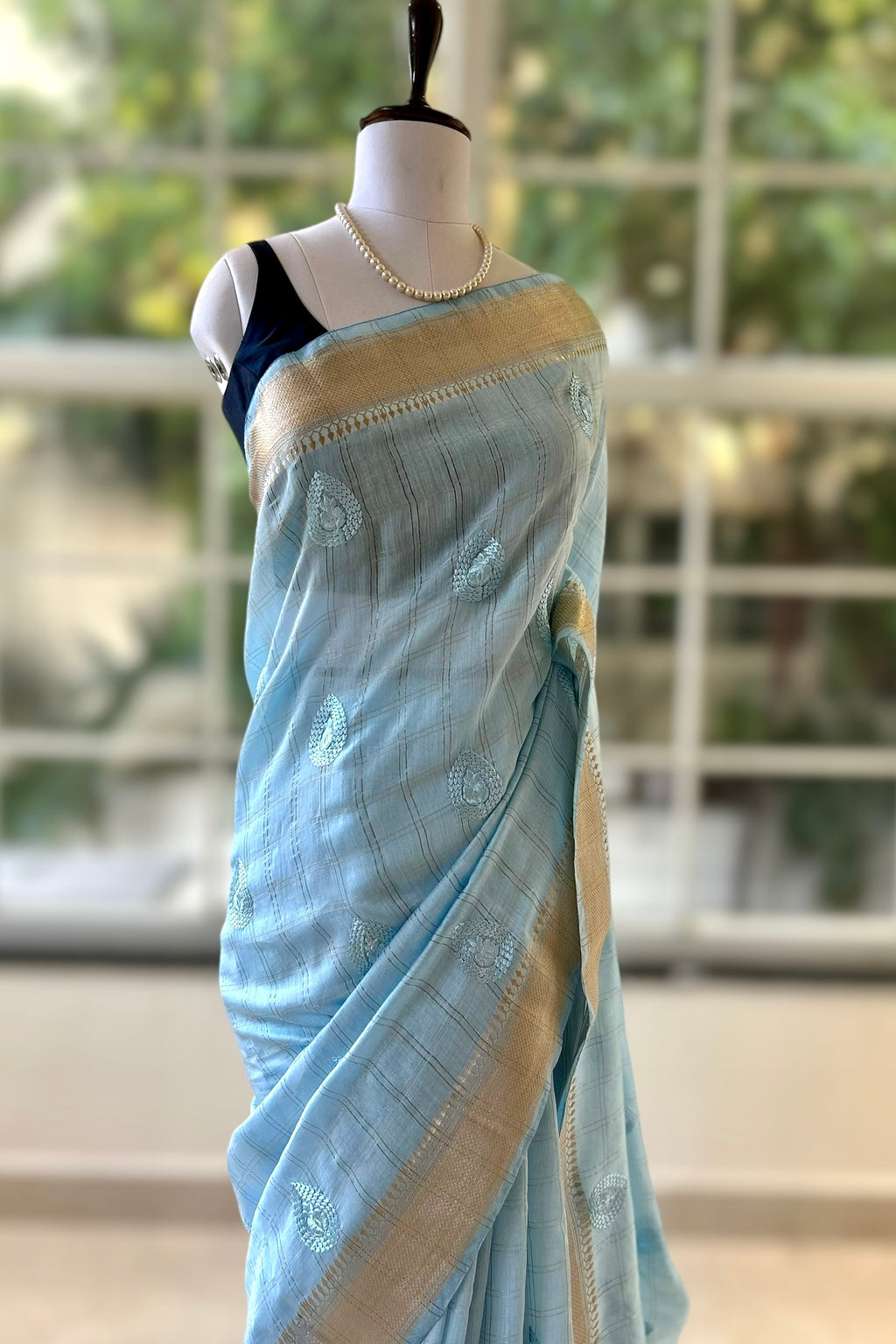 Soft embroidered zari cotton saree - Powder Blue
