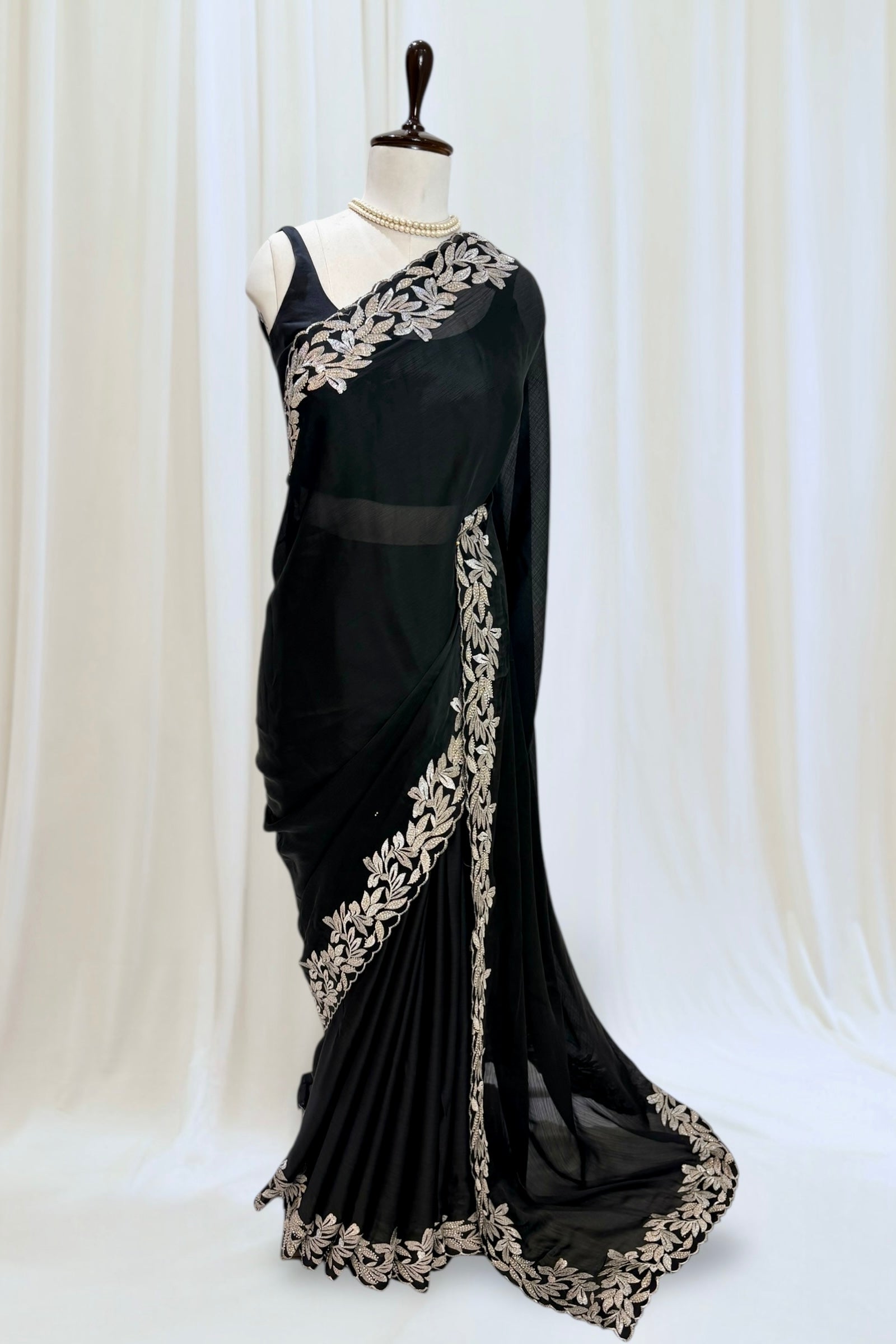 Floral embellished chiffon saree - Black leafy
