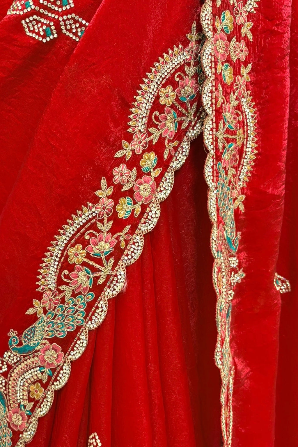 Red embellished fendy satin saree