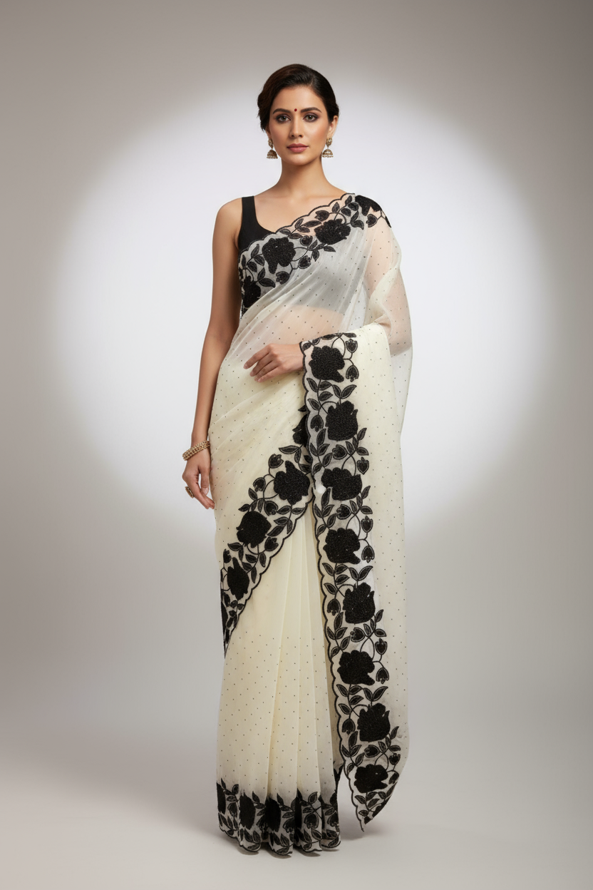 White organza floral saree