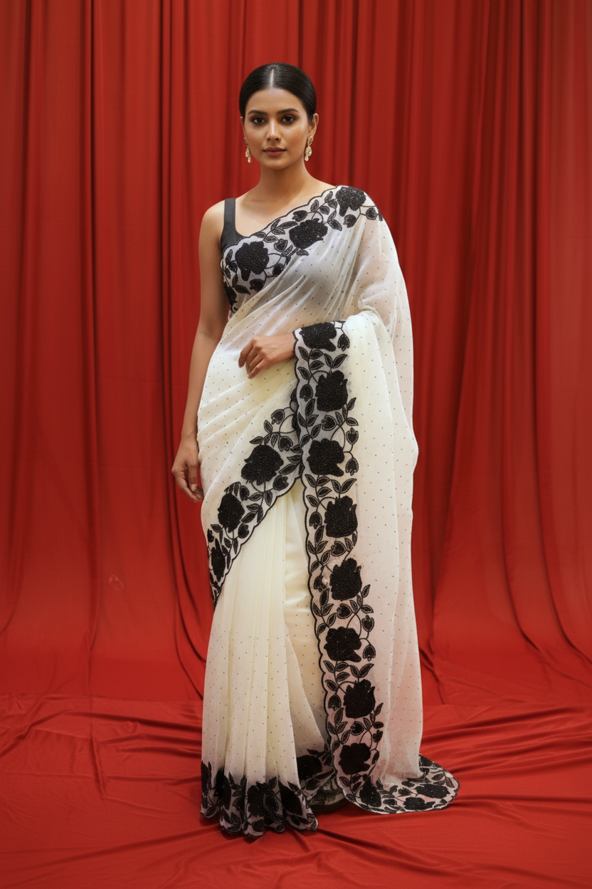 White organza floral saree