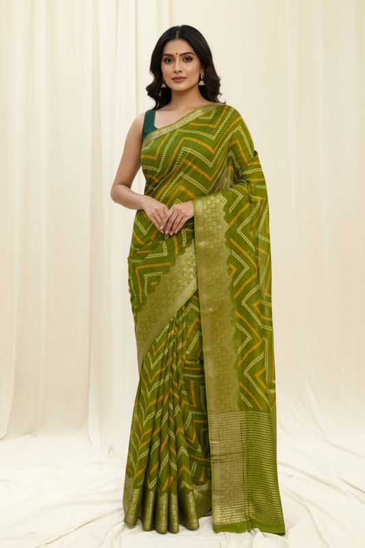 Zari organza leheriya saree - Parrot green