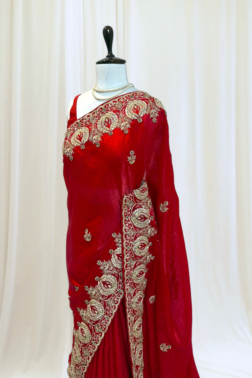 Red fendy satin embellished saree