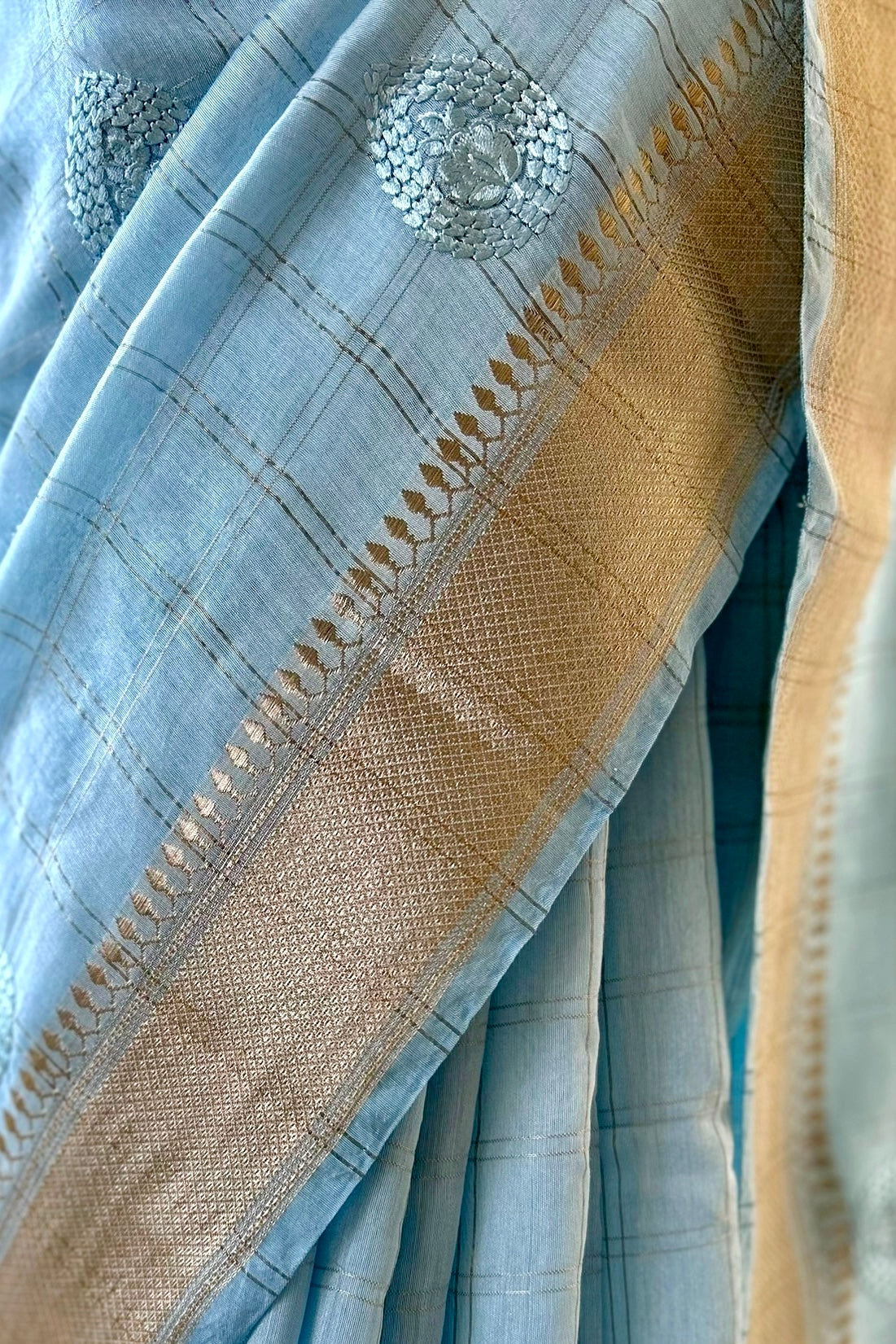 Soft embroidered zari cotton saree - Powder Blue