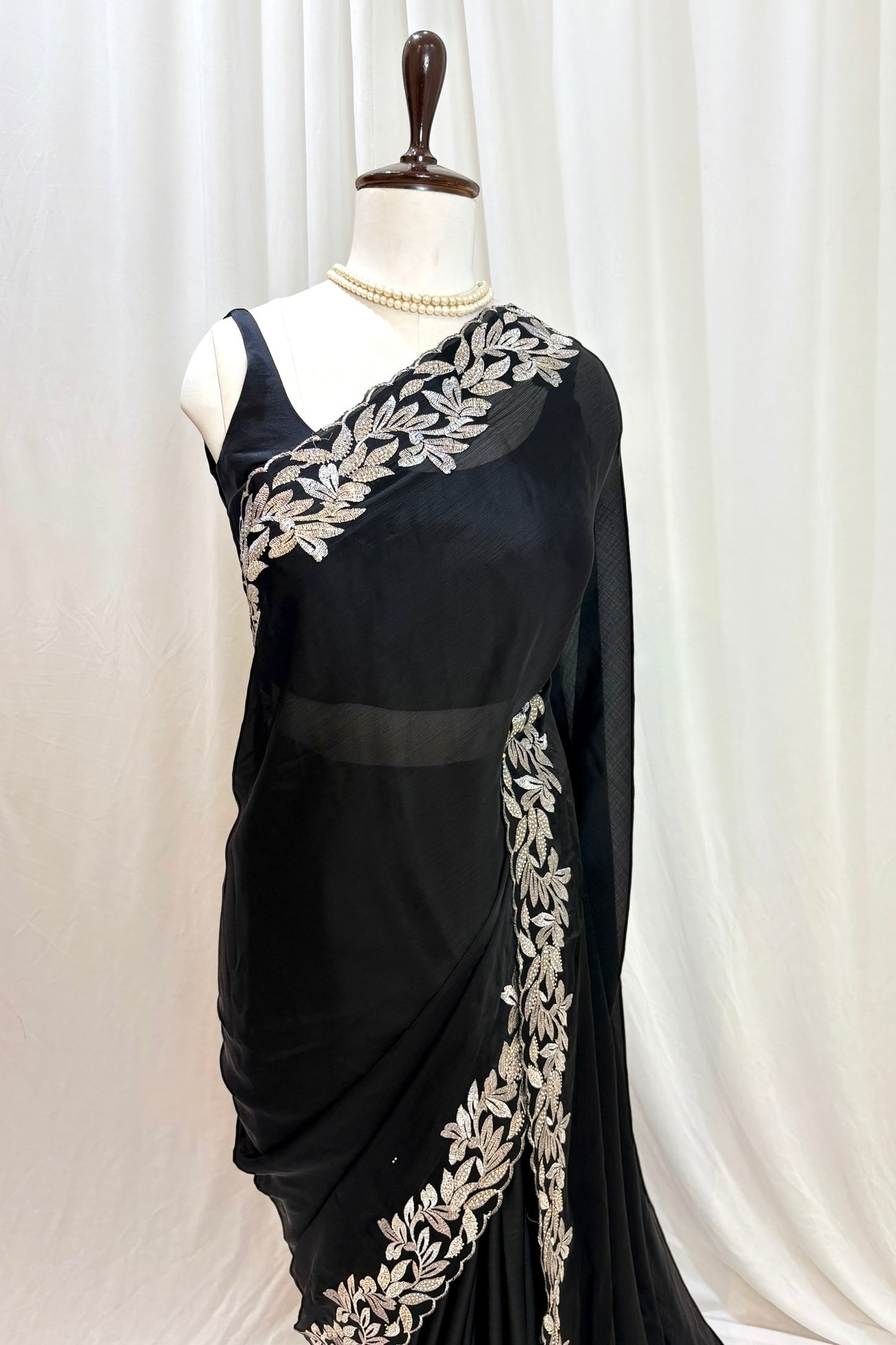 Floral embellished chiffon saree - Black leafy