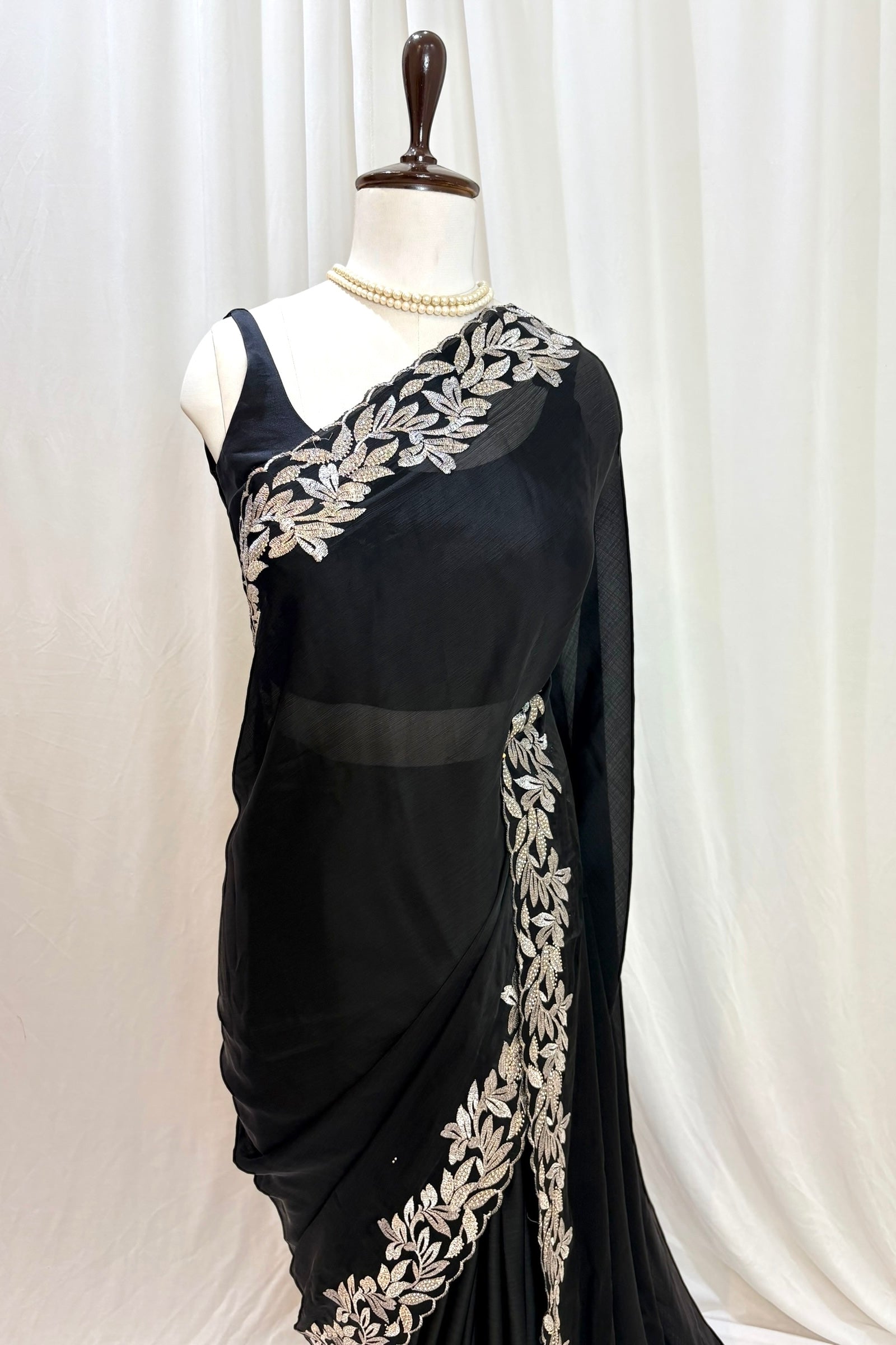 Floral embellished chiffon saree - Black leafy