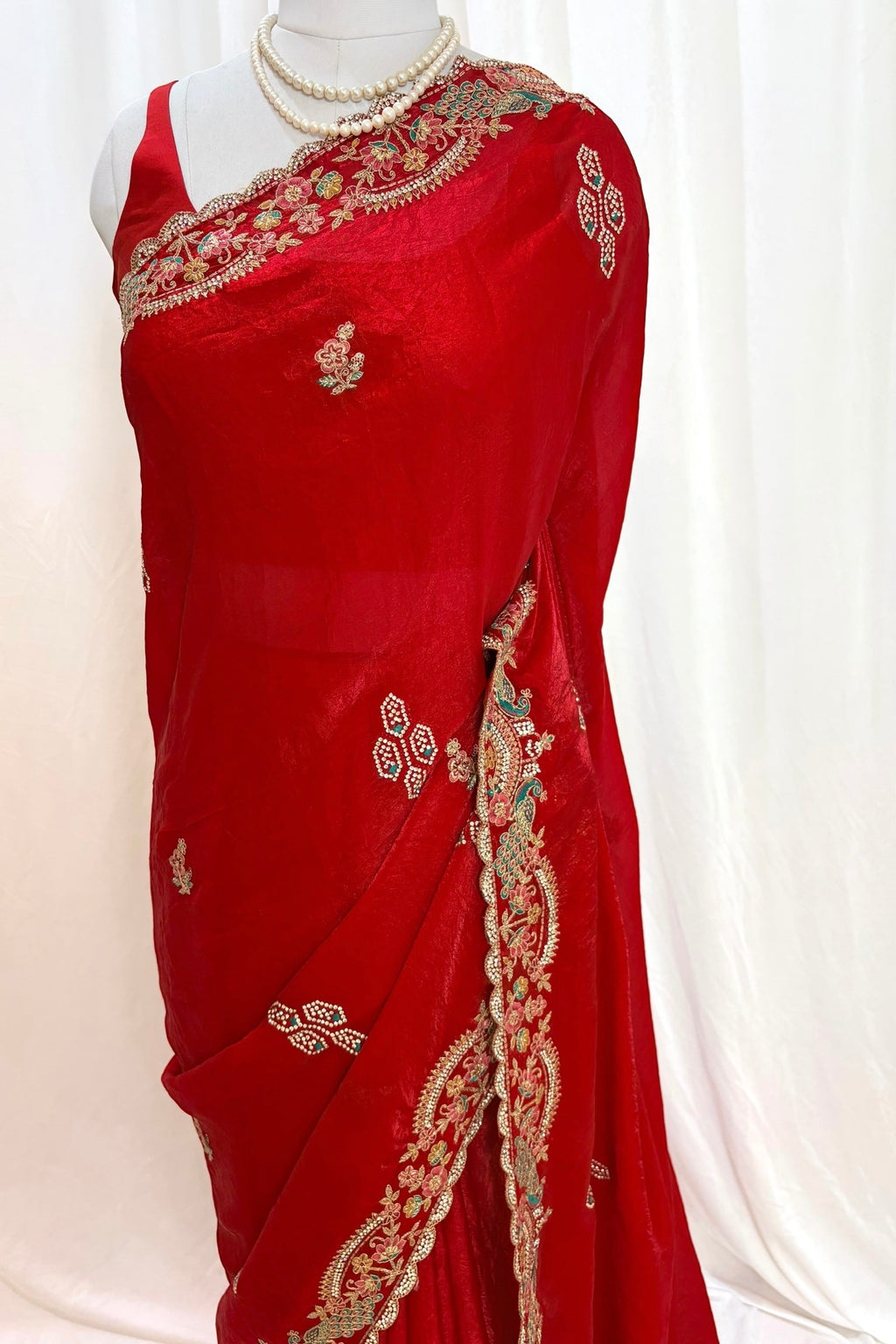 Red embellished fendy satin saree