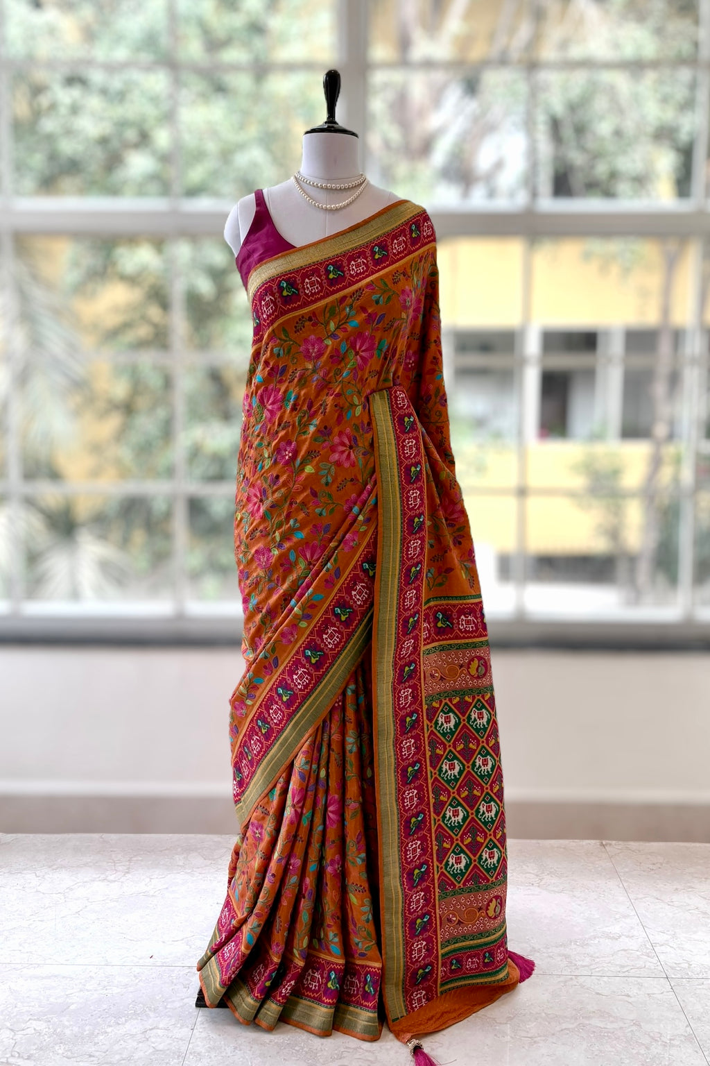 Mustard embroidered soft silk saree
