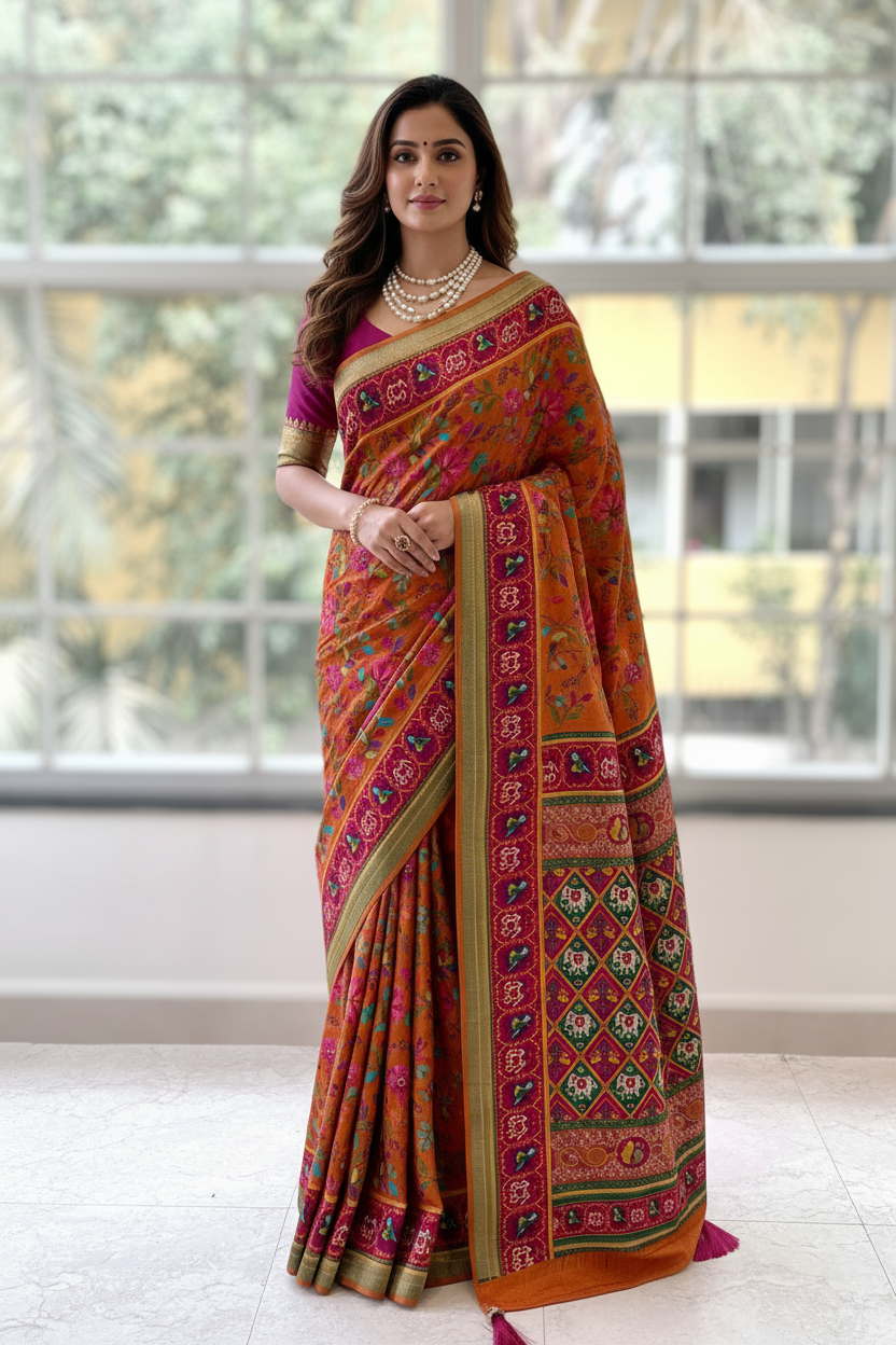 Mustard embroidered soft silk saree