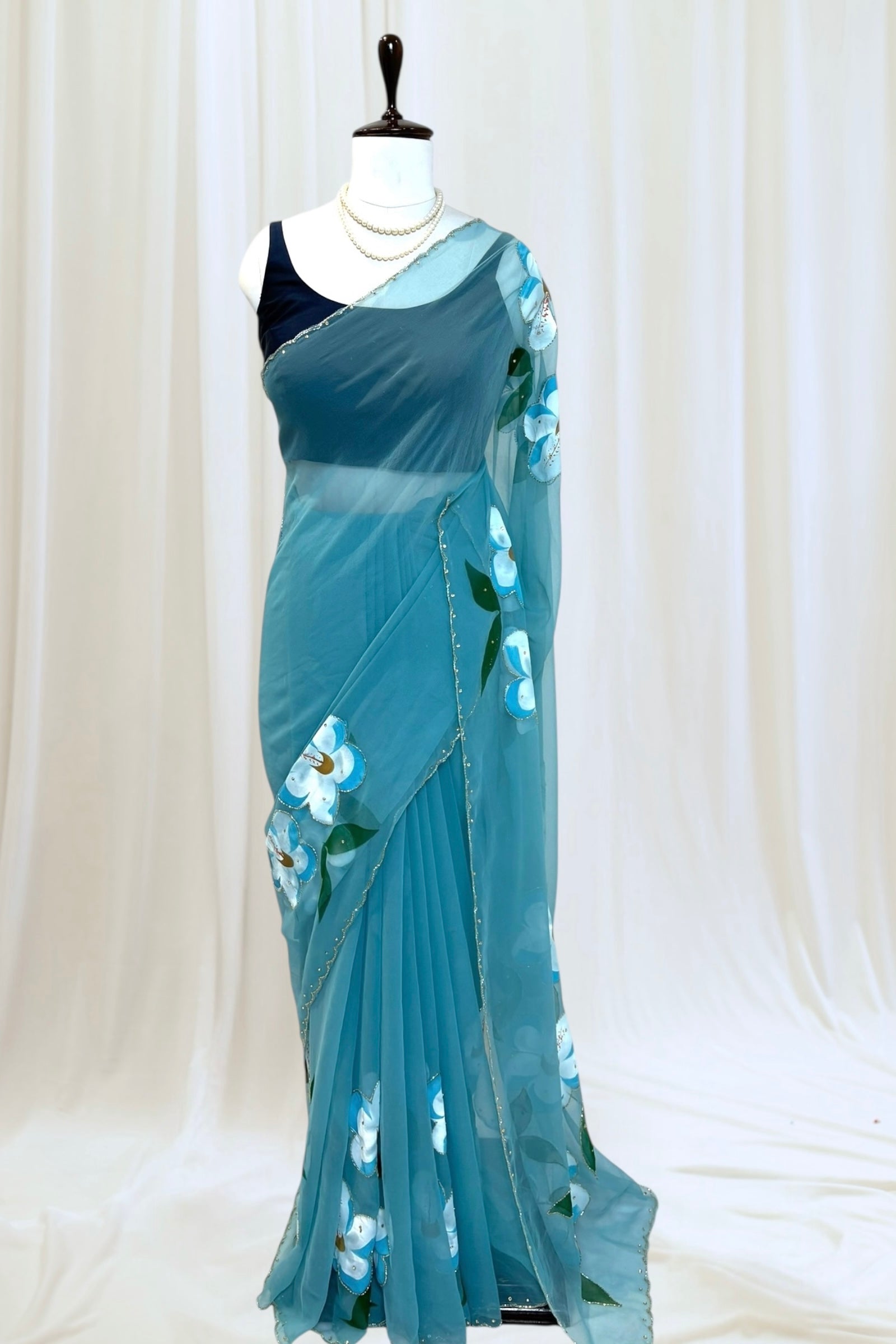 Hand-painted floral saree - Sky Blue