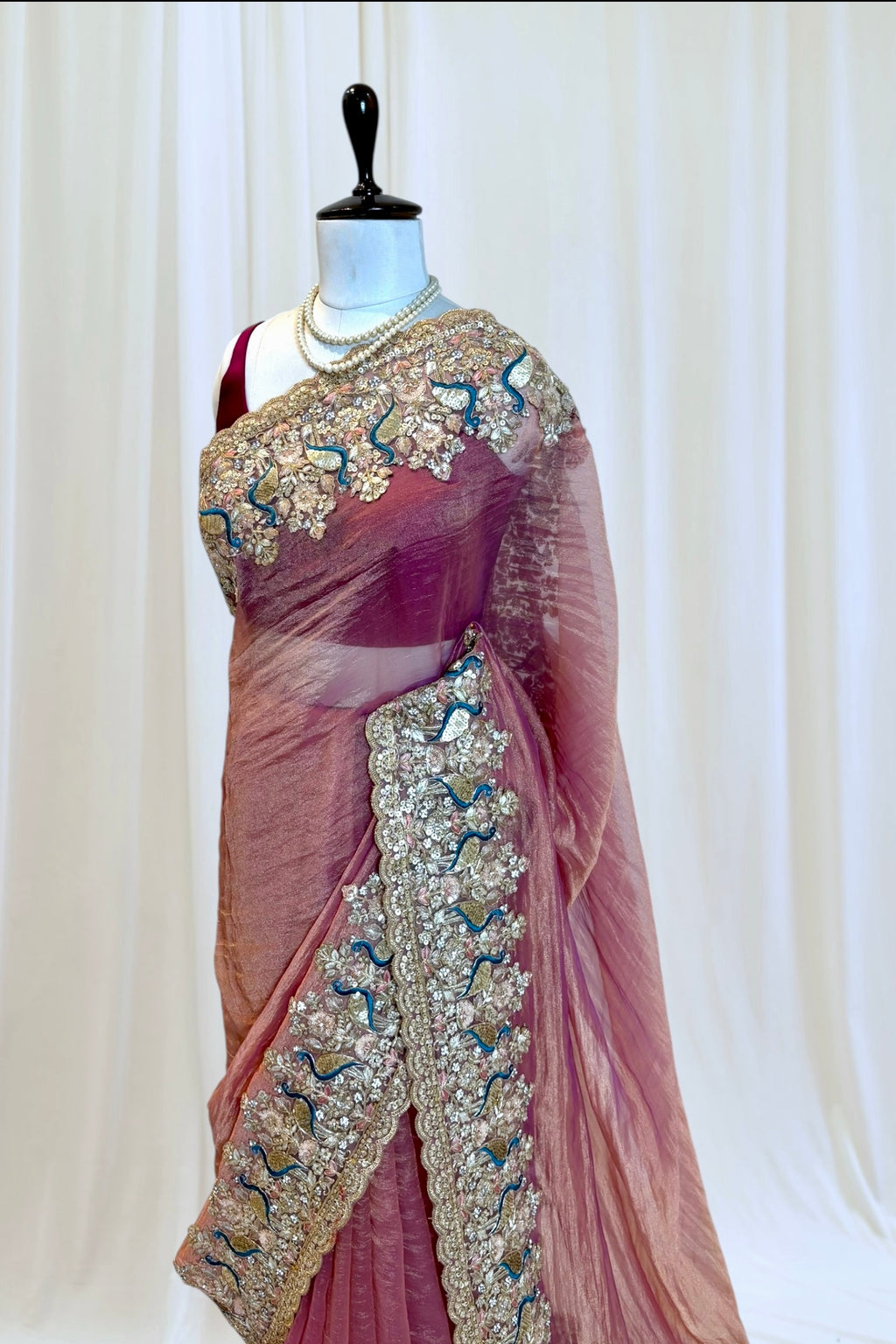 Tissue embellished saree - Rose gold