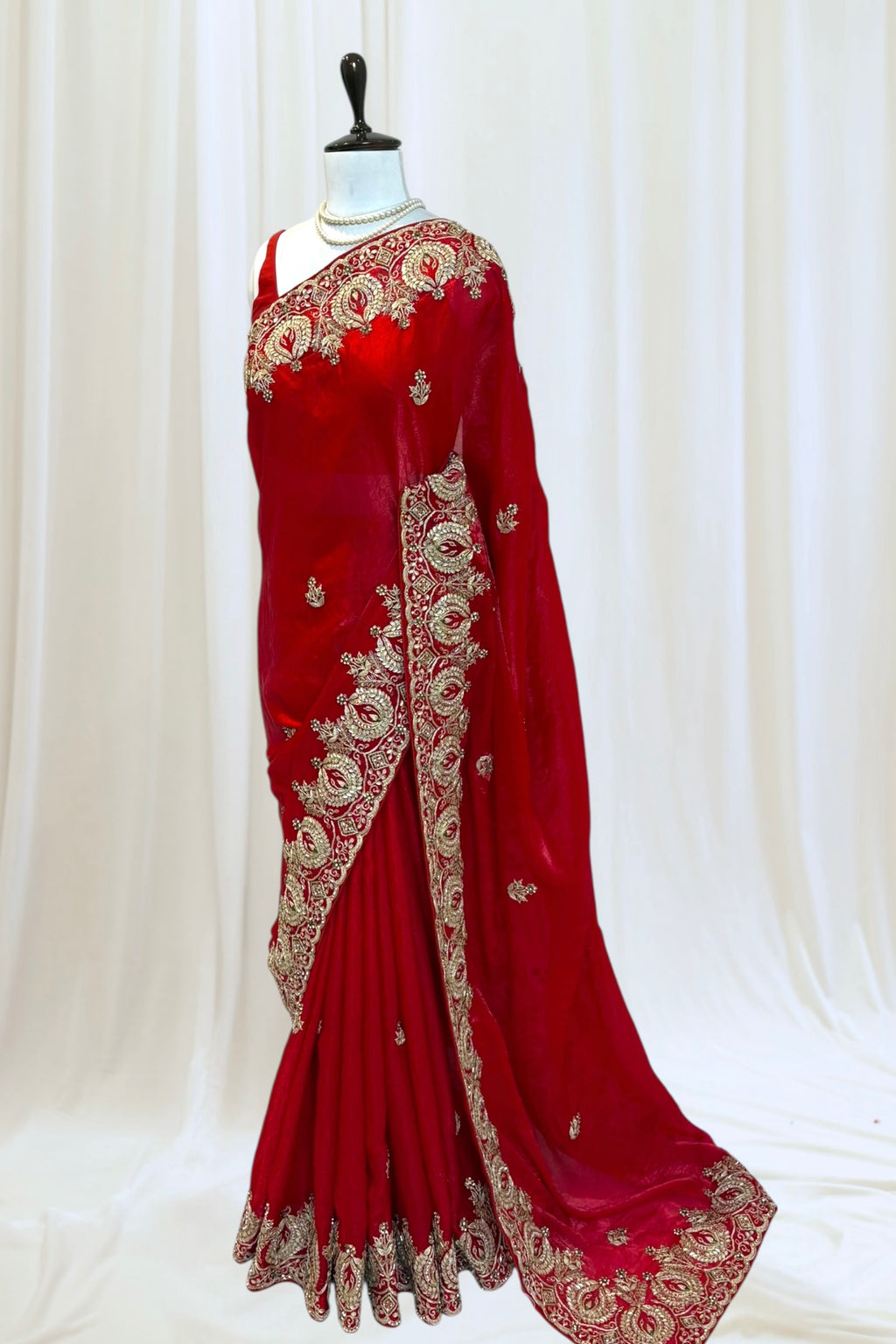 Red fendy satin embellished saree