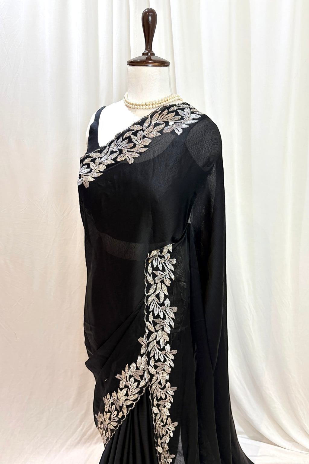 Floral embellished chiffon saree - Black leafy