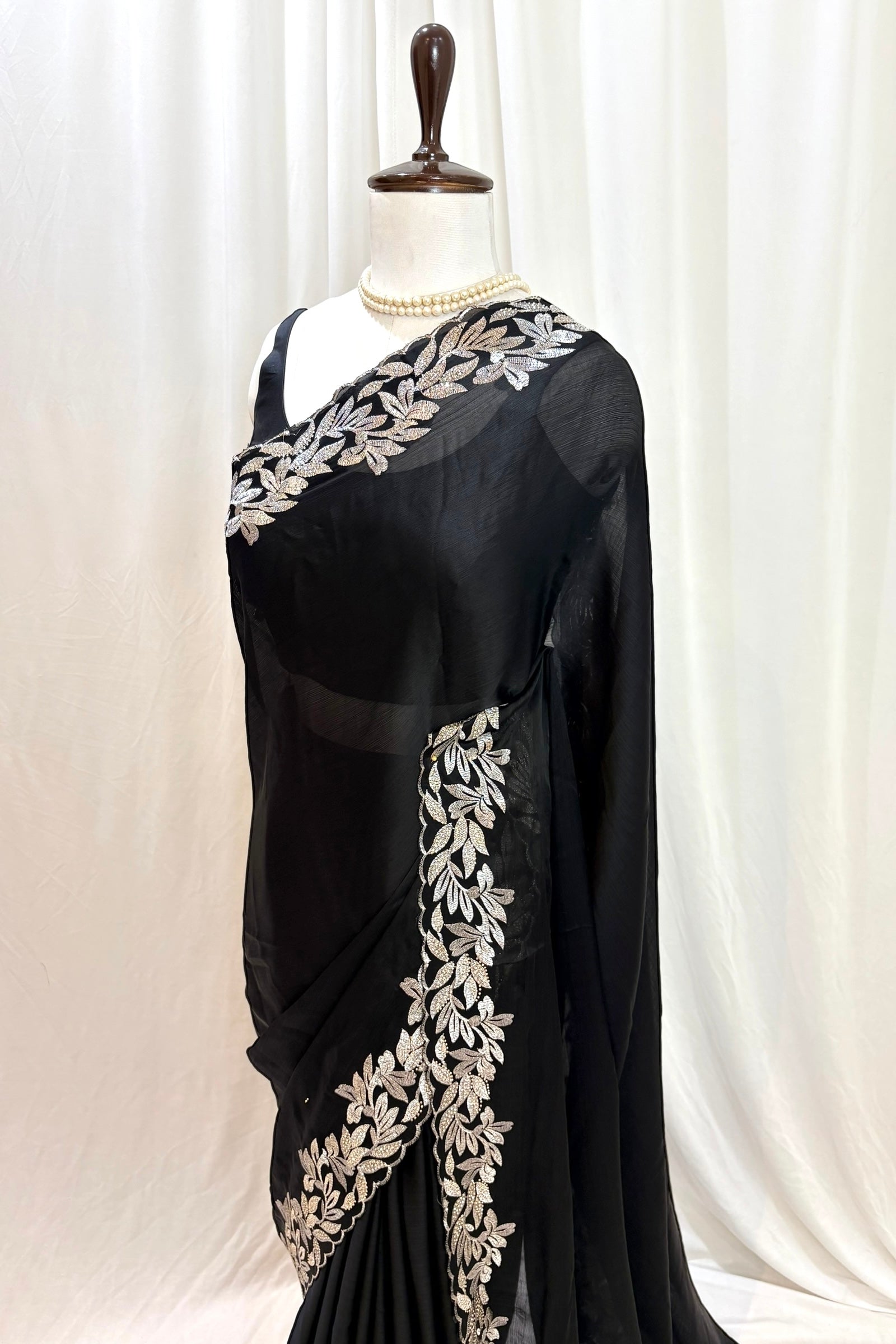 Floral embellished chiffon saree - Black leafy