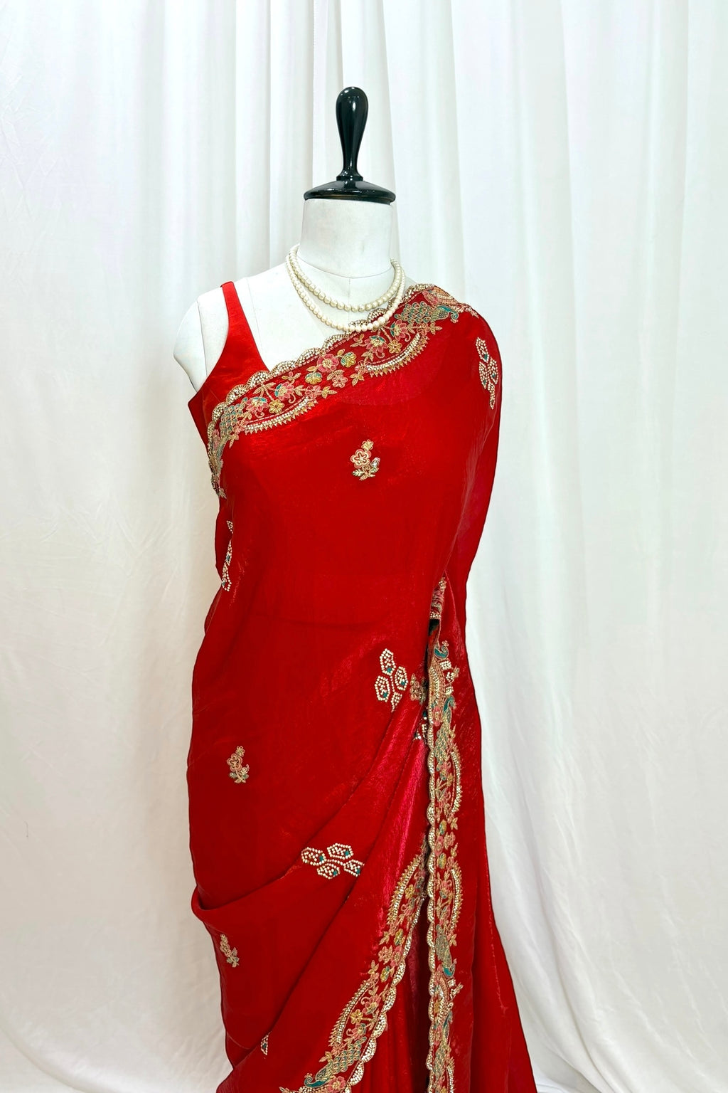 Red embellished fendy satin saree