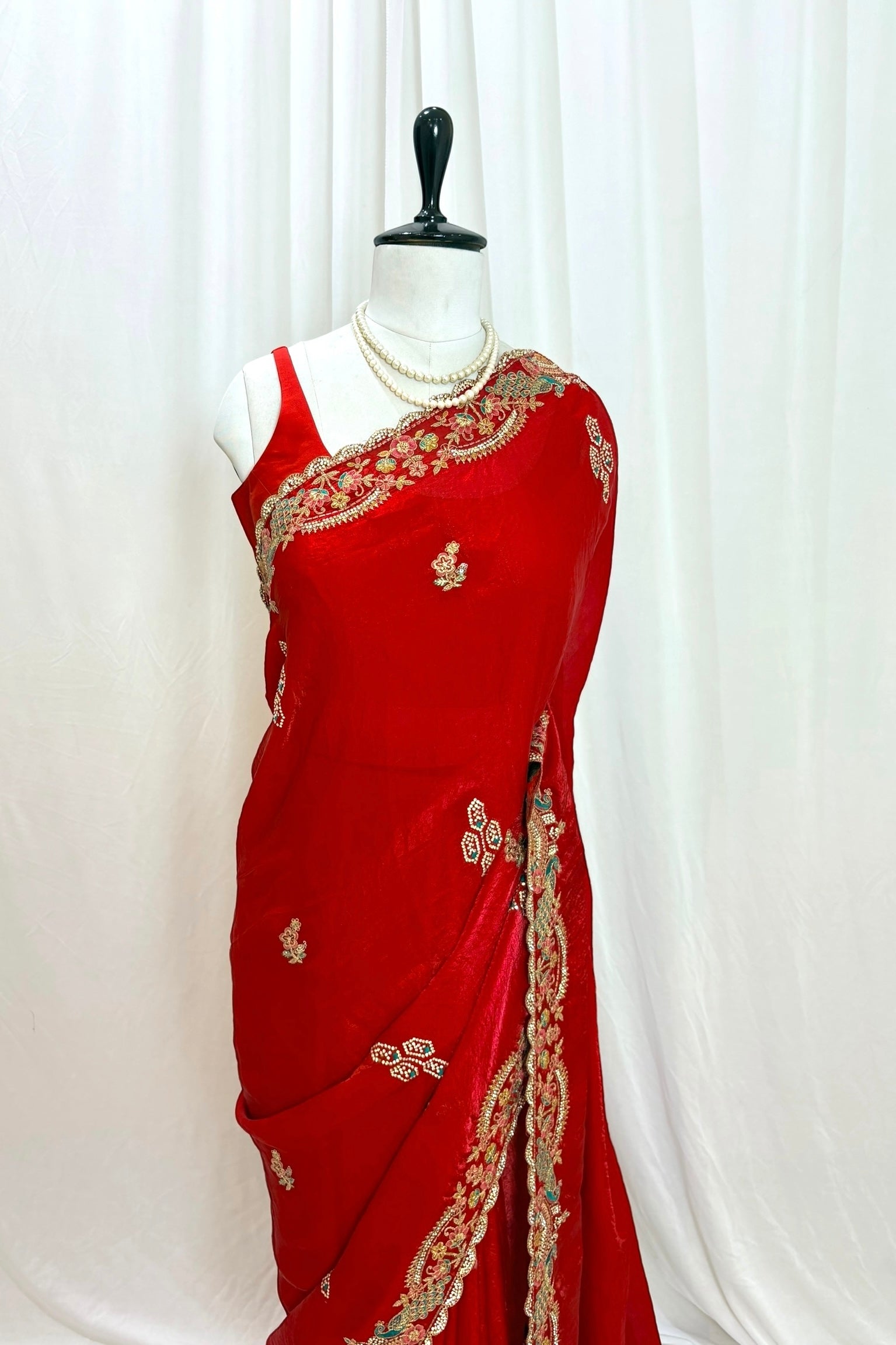 Red embellished fendy satin saree
