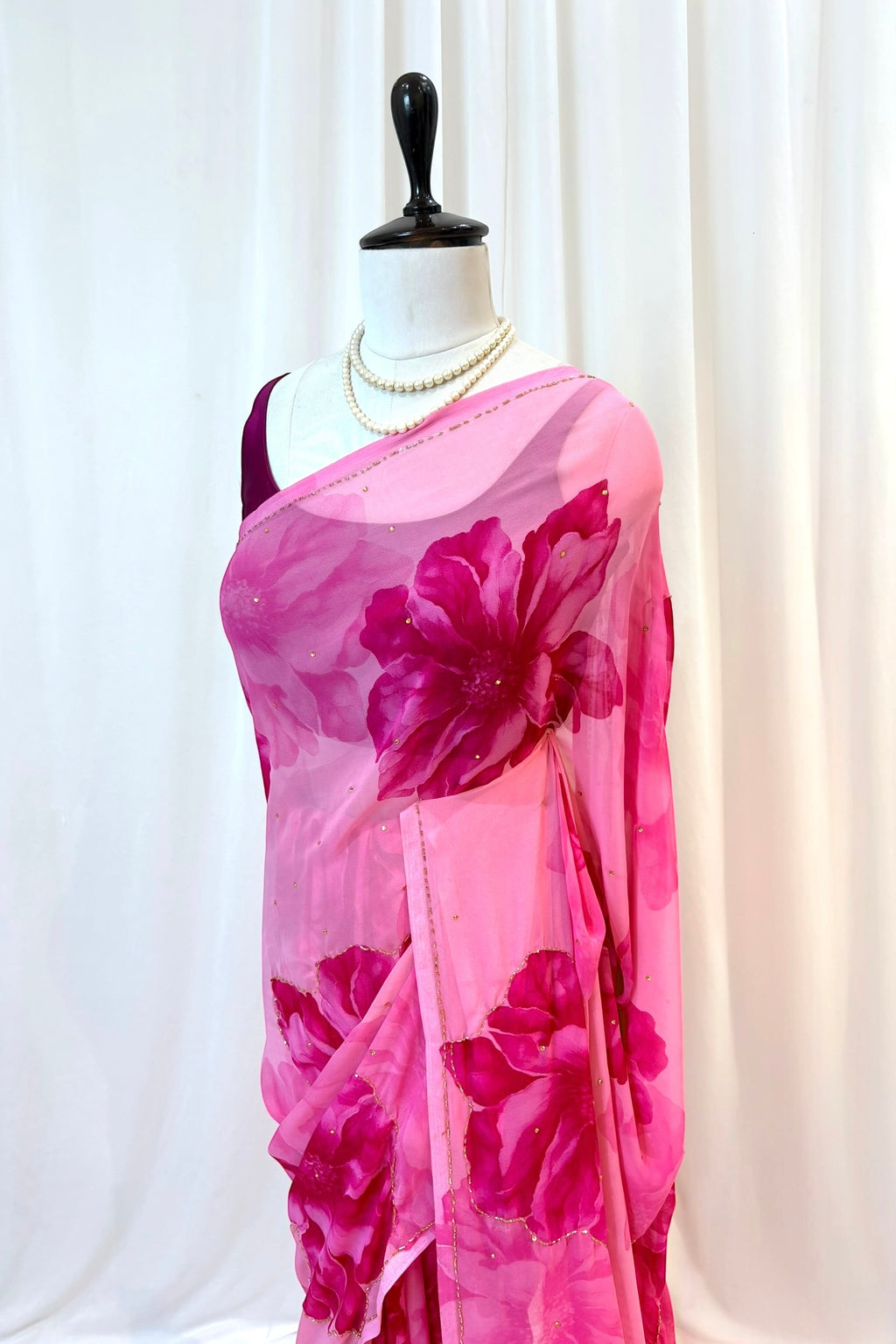 Pink floral embellished chiffon saree