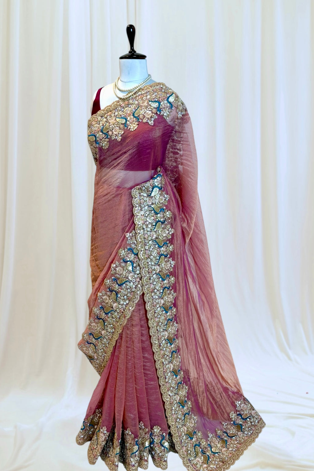 Tissue embellished saree - Rose gold