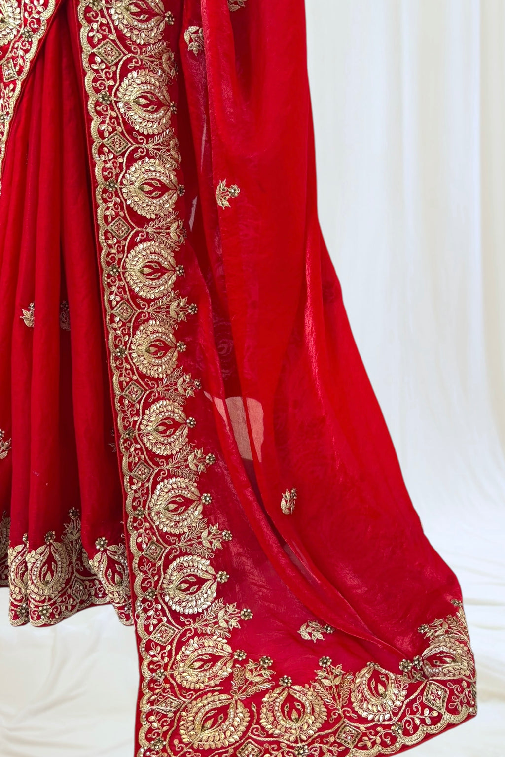 Red fendy satin embellished saree