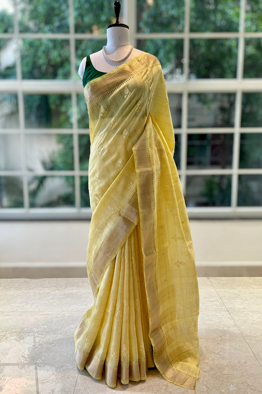 Soft embroidered zari cotton saree - Yellow