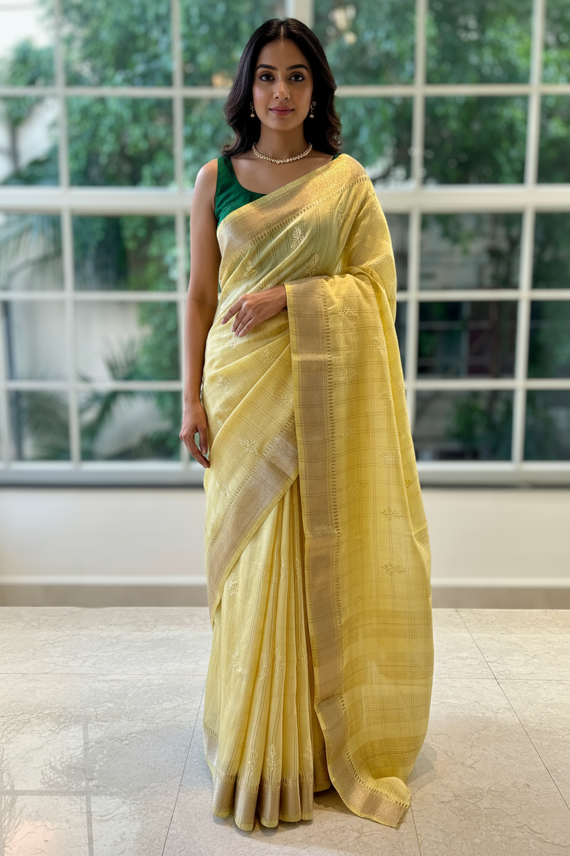 Soft embroidered zari cotton saree - Yellow