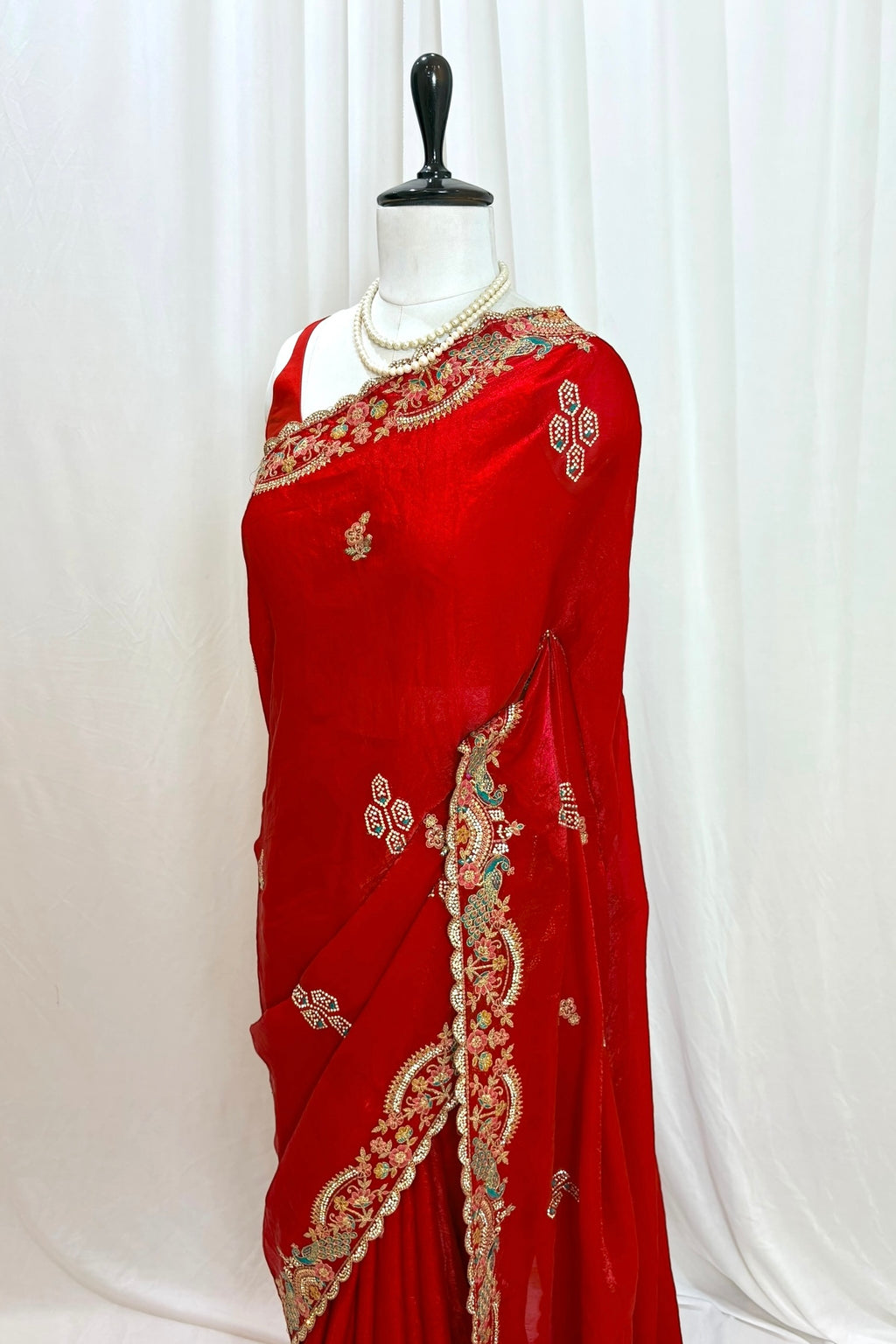 Red embellished fendy satin saree