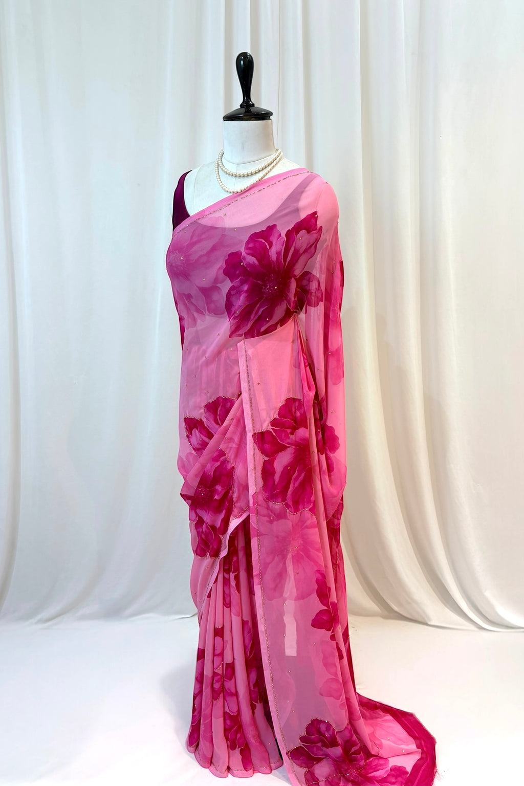 Pink floral embellished chiffon saree