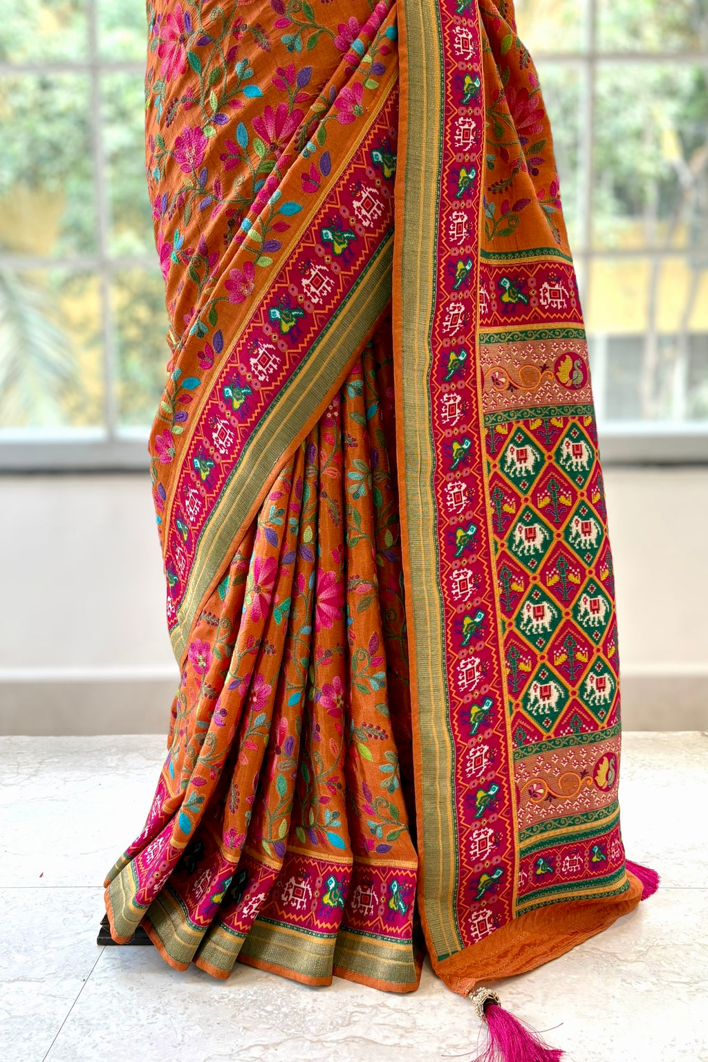 Mustard embroidered soft silk saree