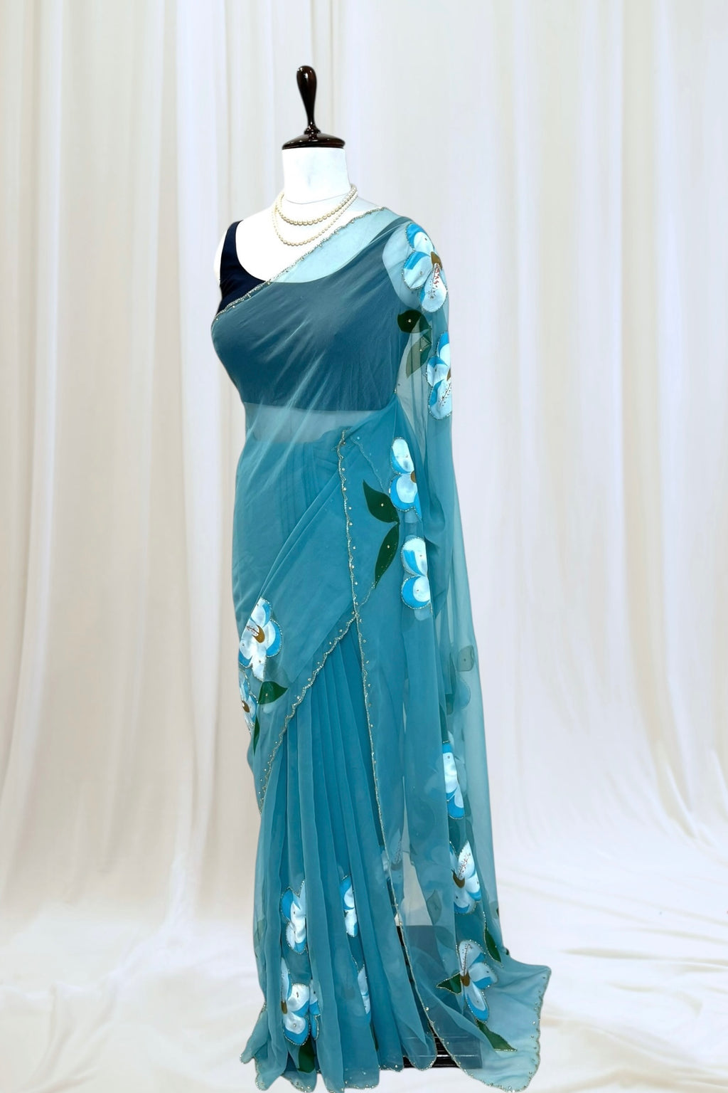 Hand-painted floral saree - Sky Blue