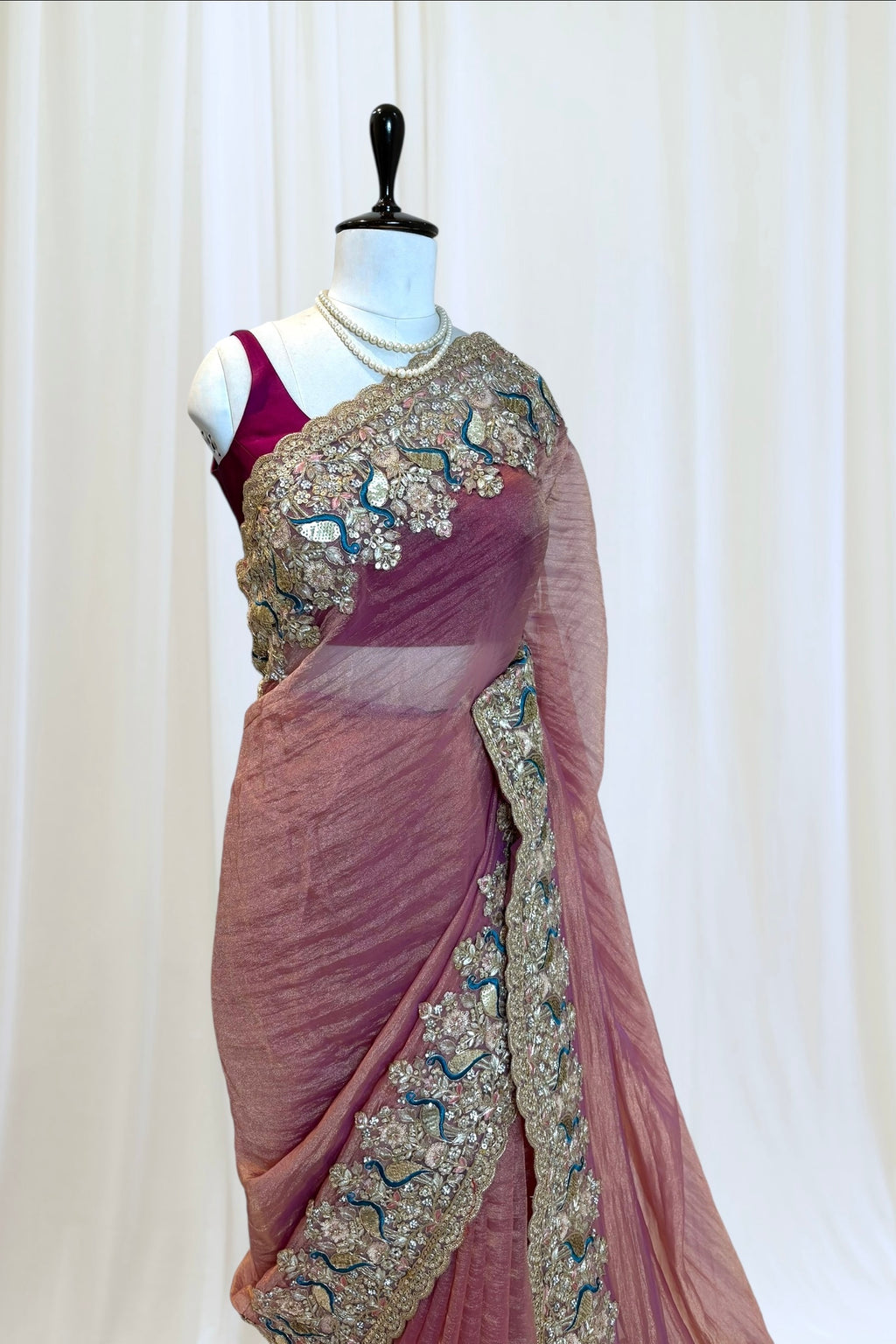 Tissue embellished saree - Rose gold