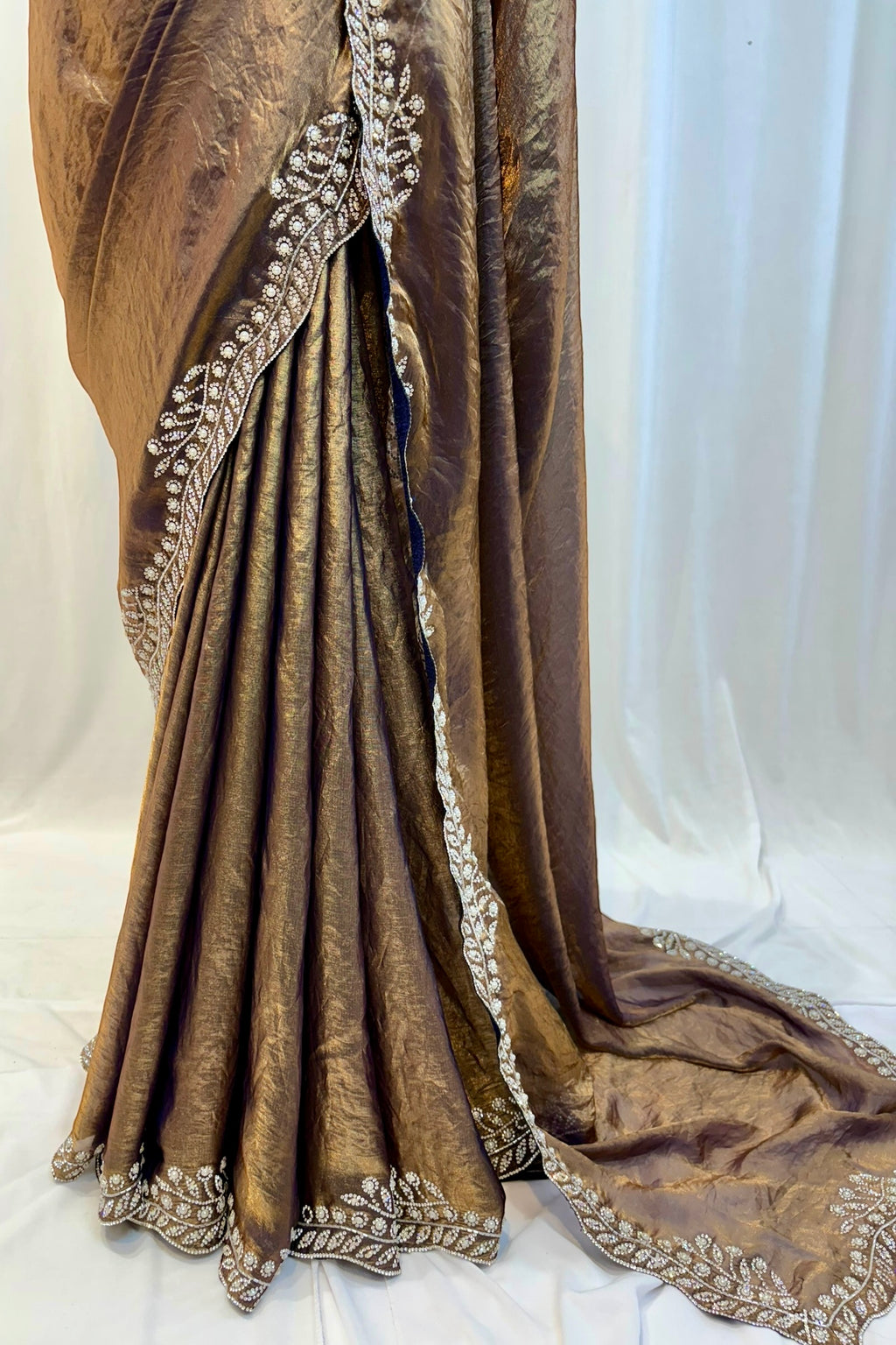 Golden fendy pearl embellished saree