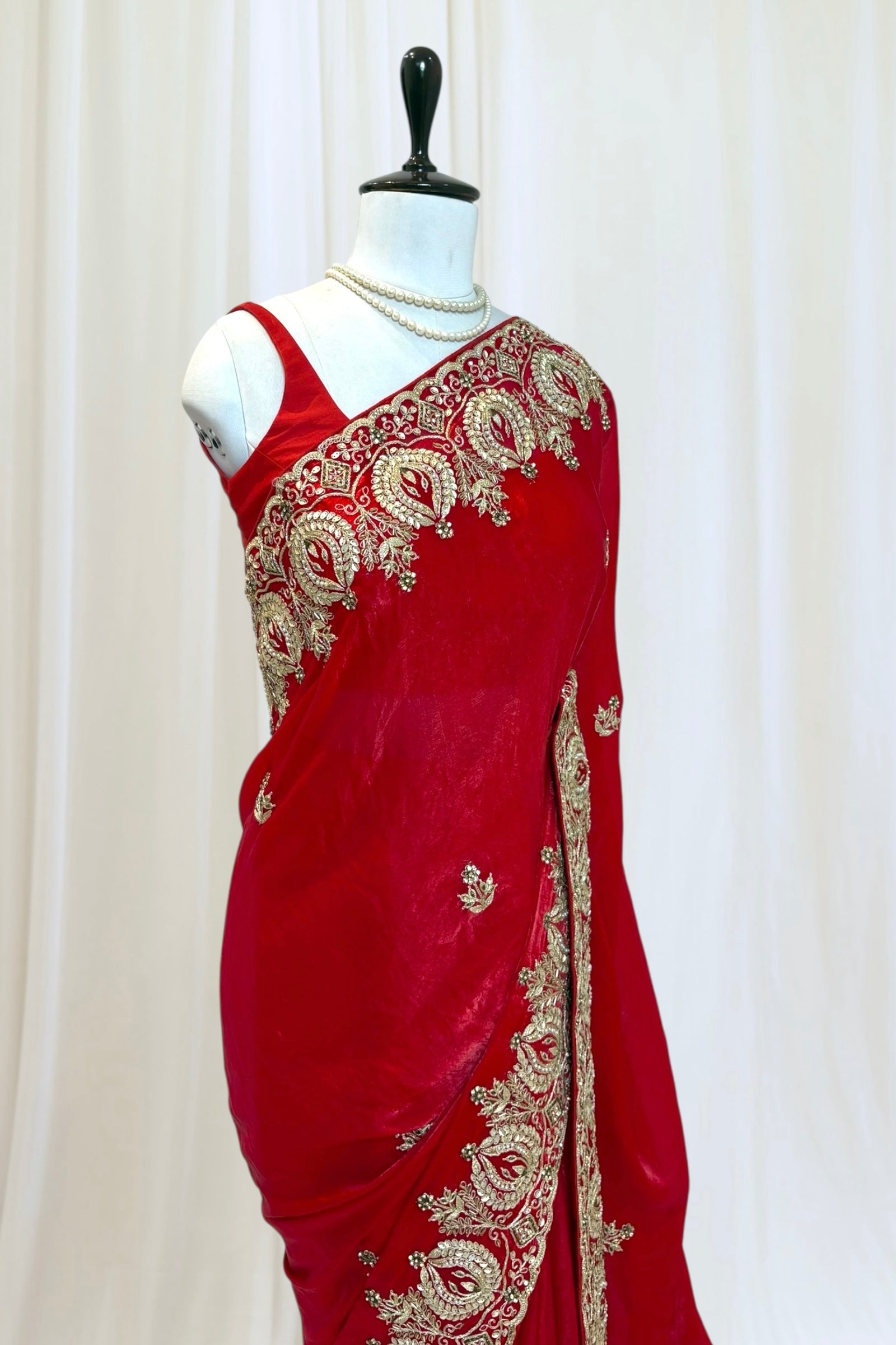 Red fendy satin embellished saree