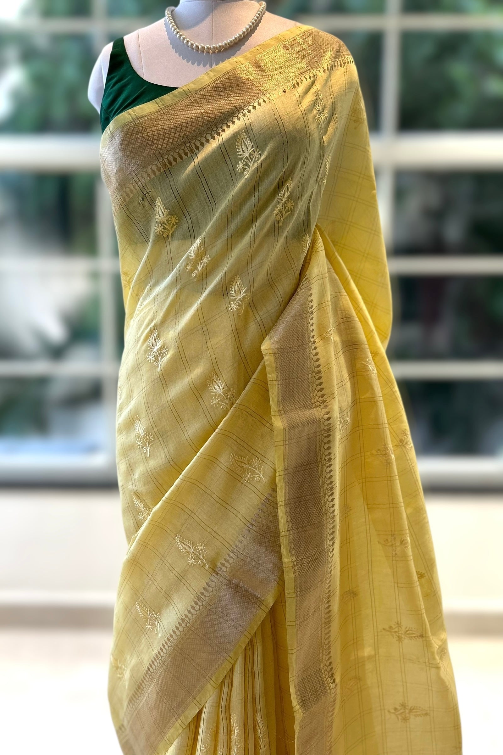Soft embroidered zari cotton saree - Yellow