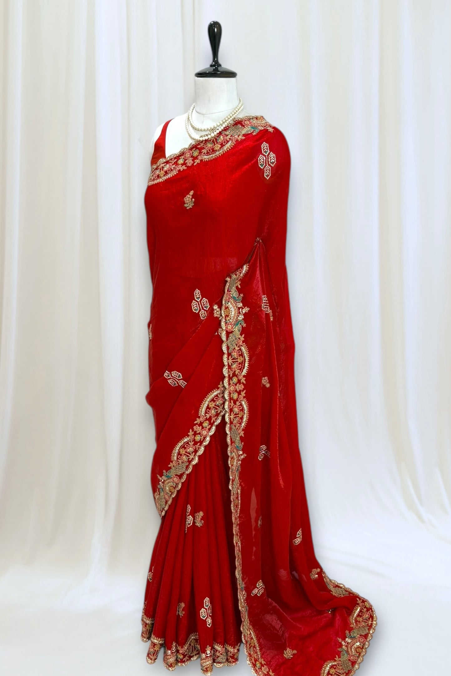 Red embellished fendy satin saree