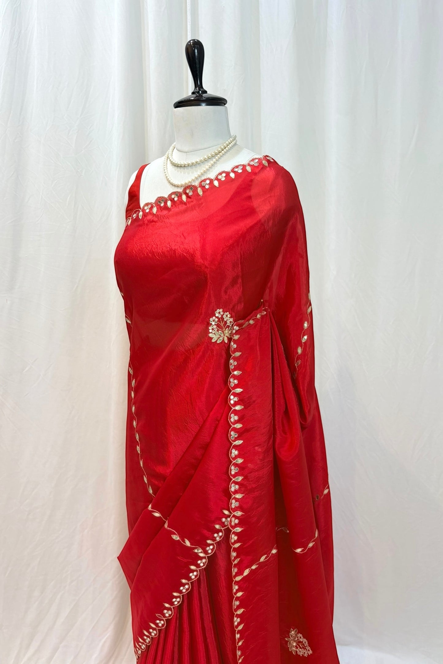Red scallop gotta pati soft organza saree