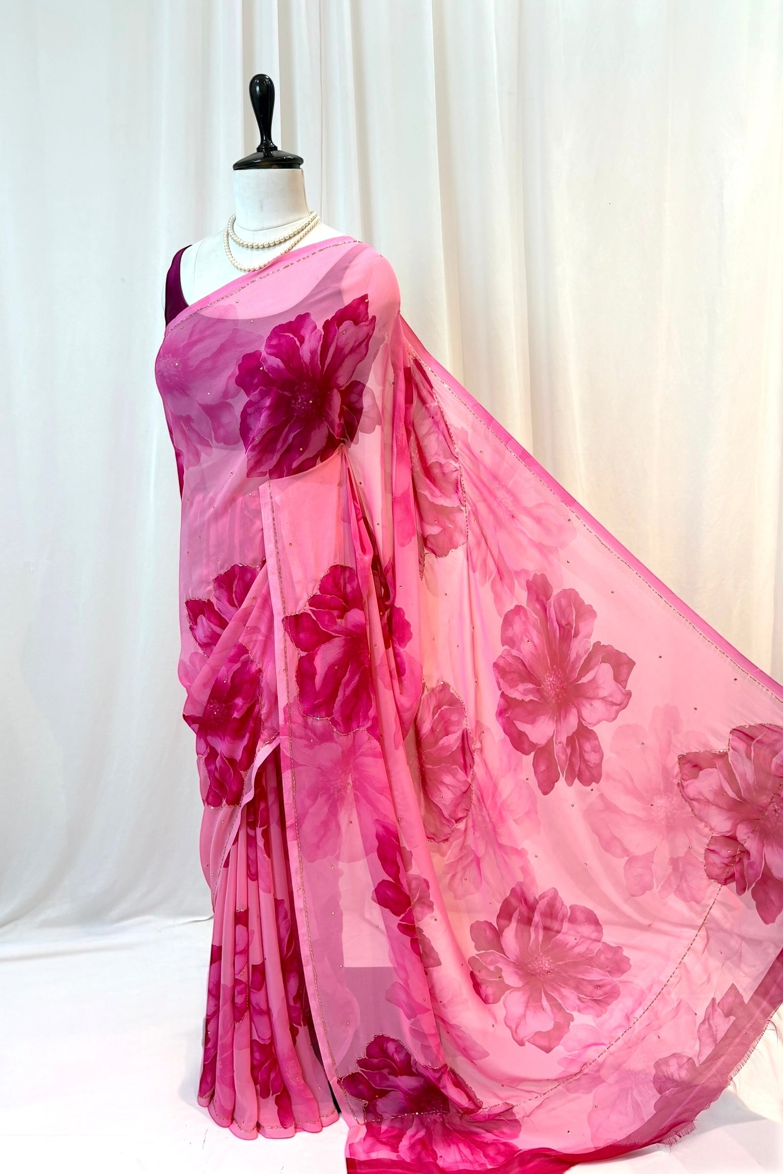 Pink floral embellished chiffon saree