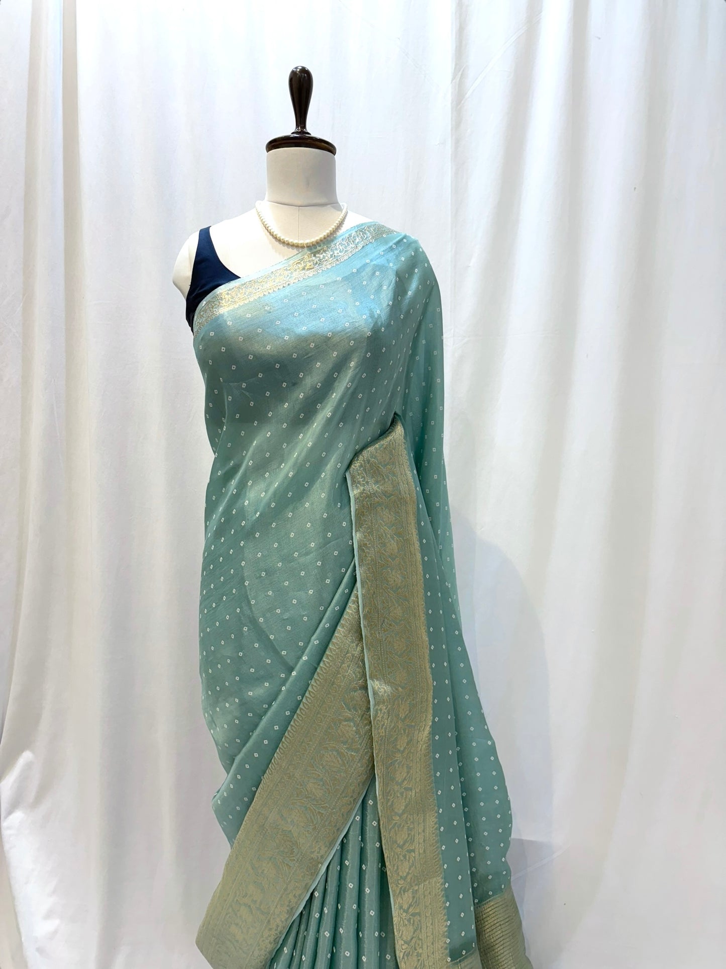 Bandhani print soft organza saree - Light blue