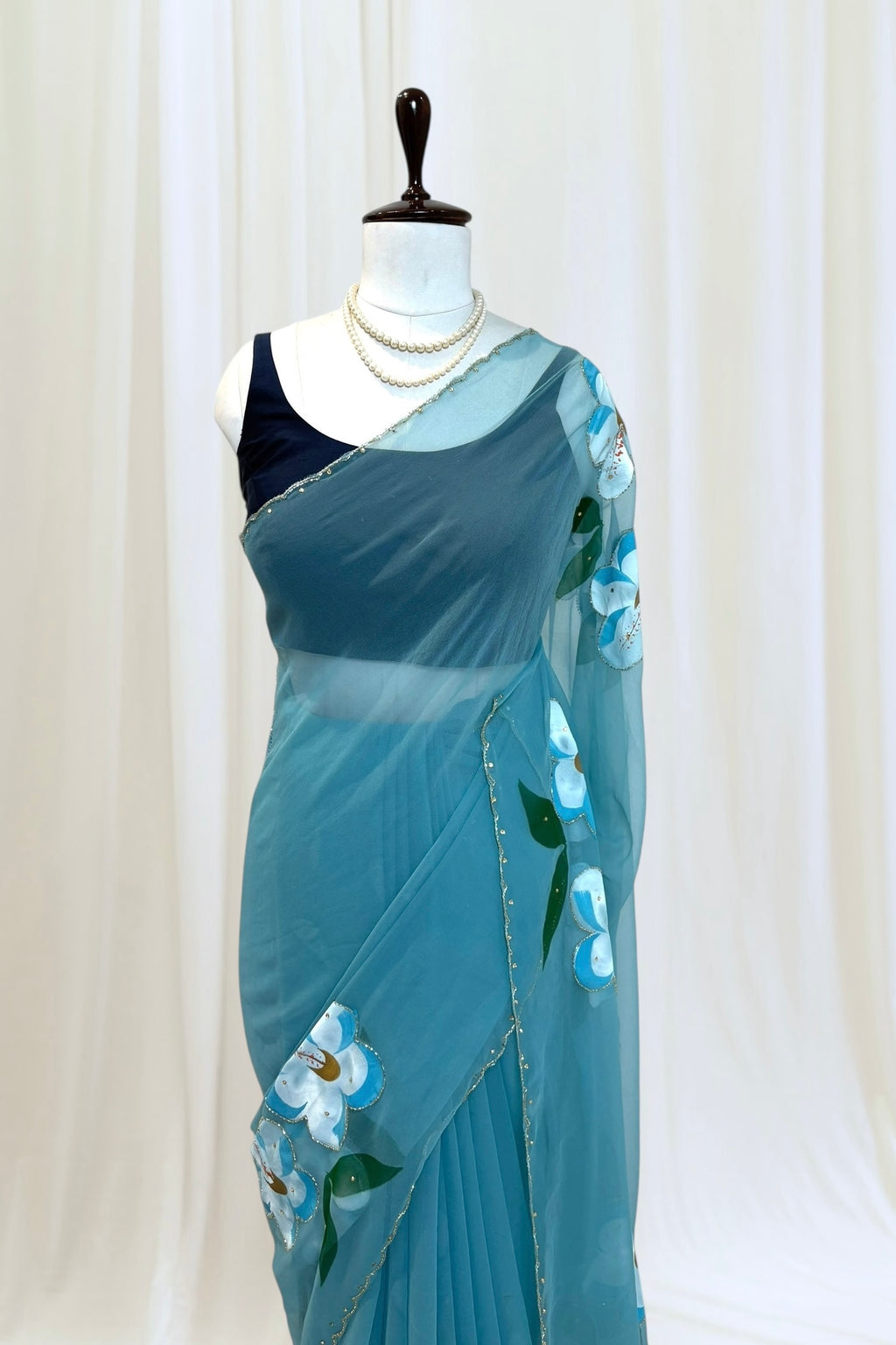 Hand-painted floral saree - Sky Blue
