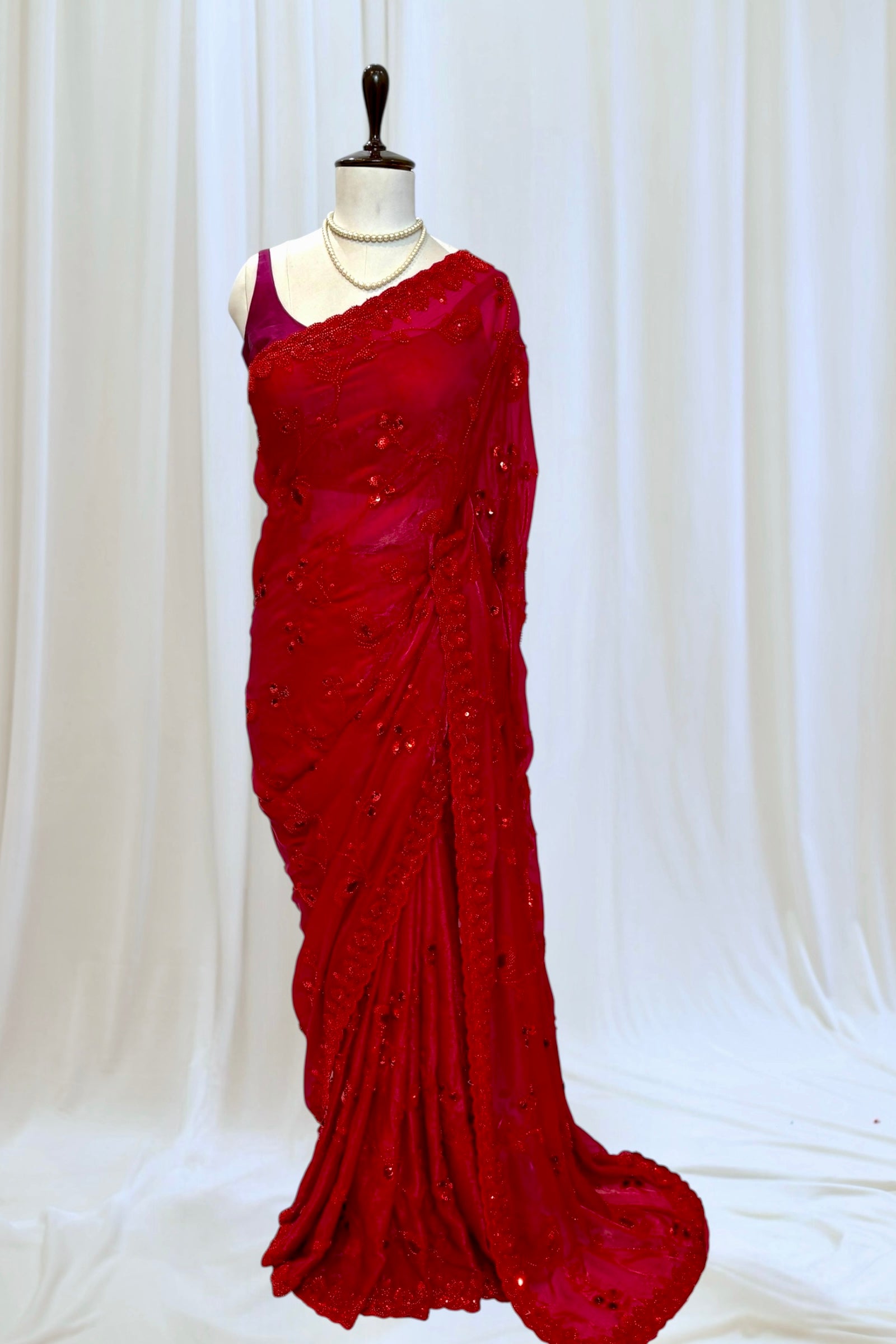 Crimson sequins bead work saree