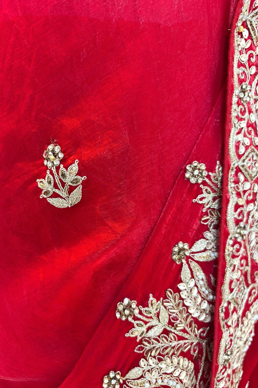 Red fendy satin embellished saree