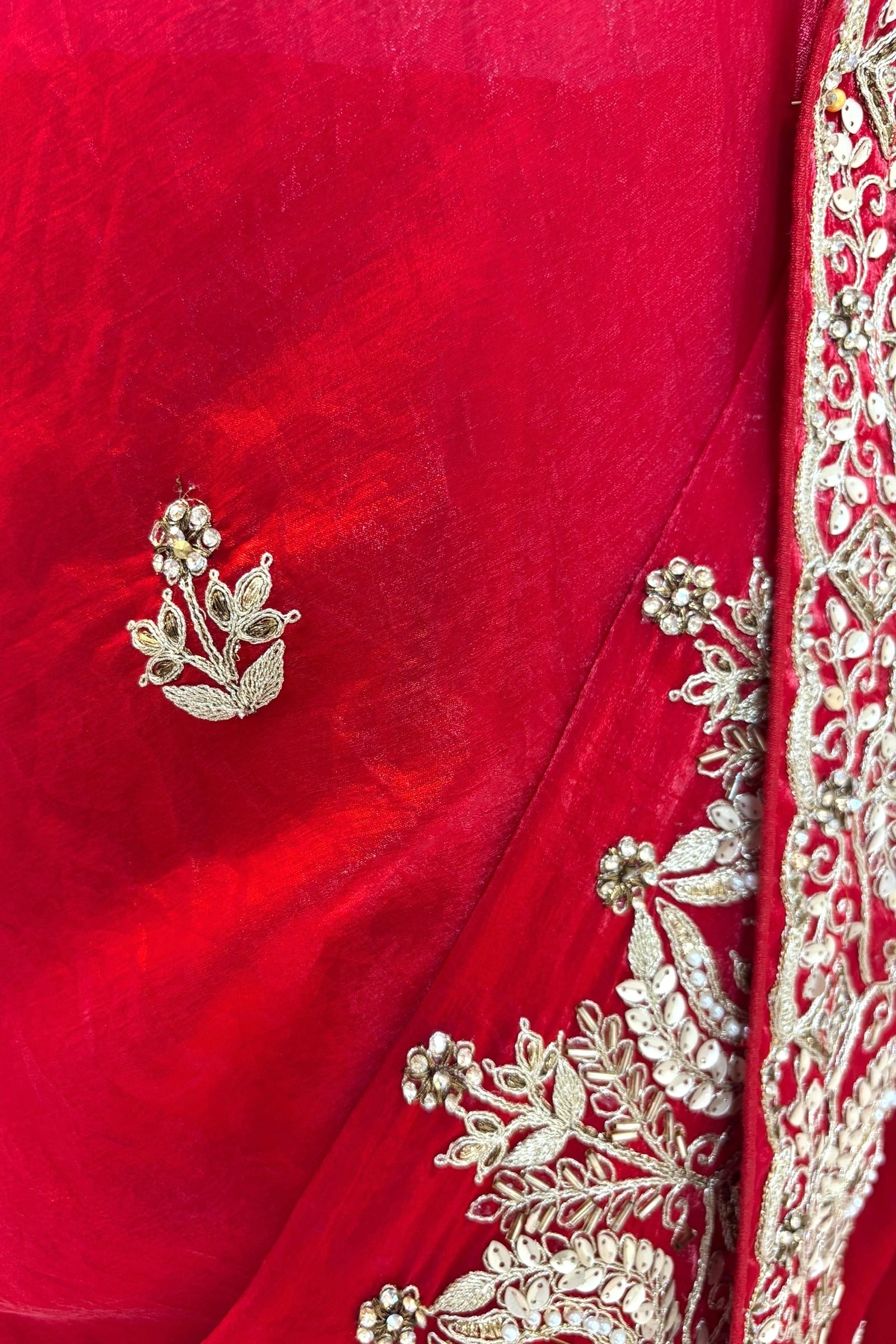 Red fendy satin embellished saree