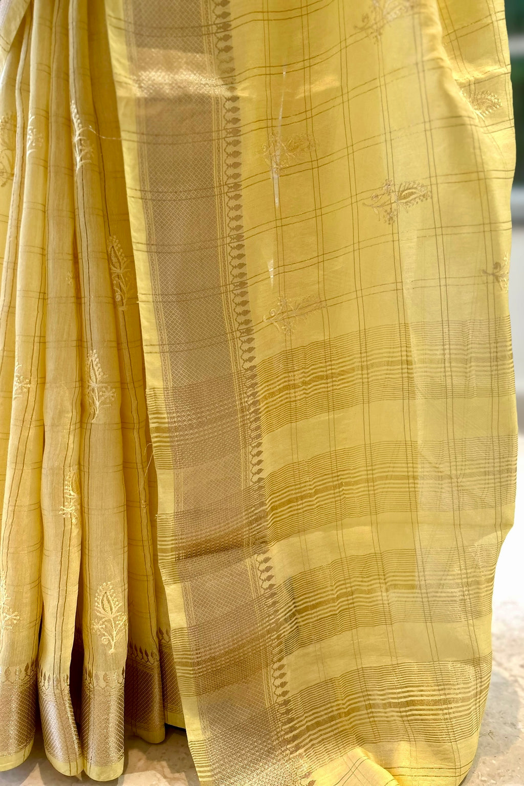 Soft embroidered zari cotton saree - Yellow
