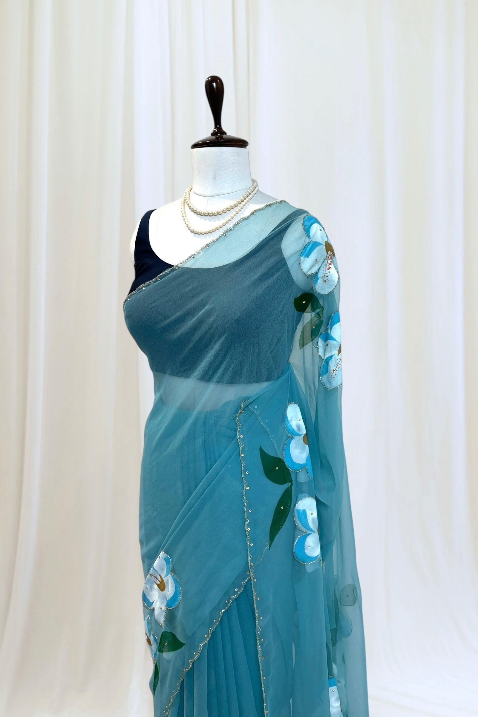 Hand-painted floral saree - Sky Blue