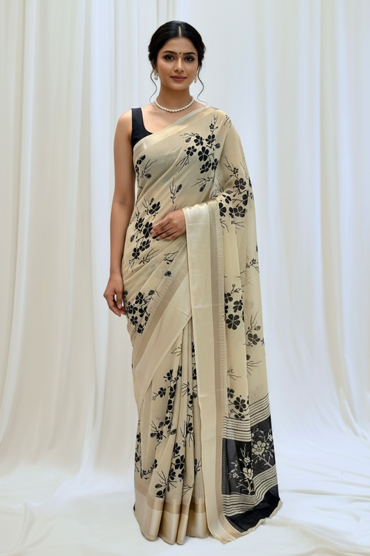Floral printed chiffon saree - Cream