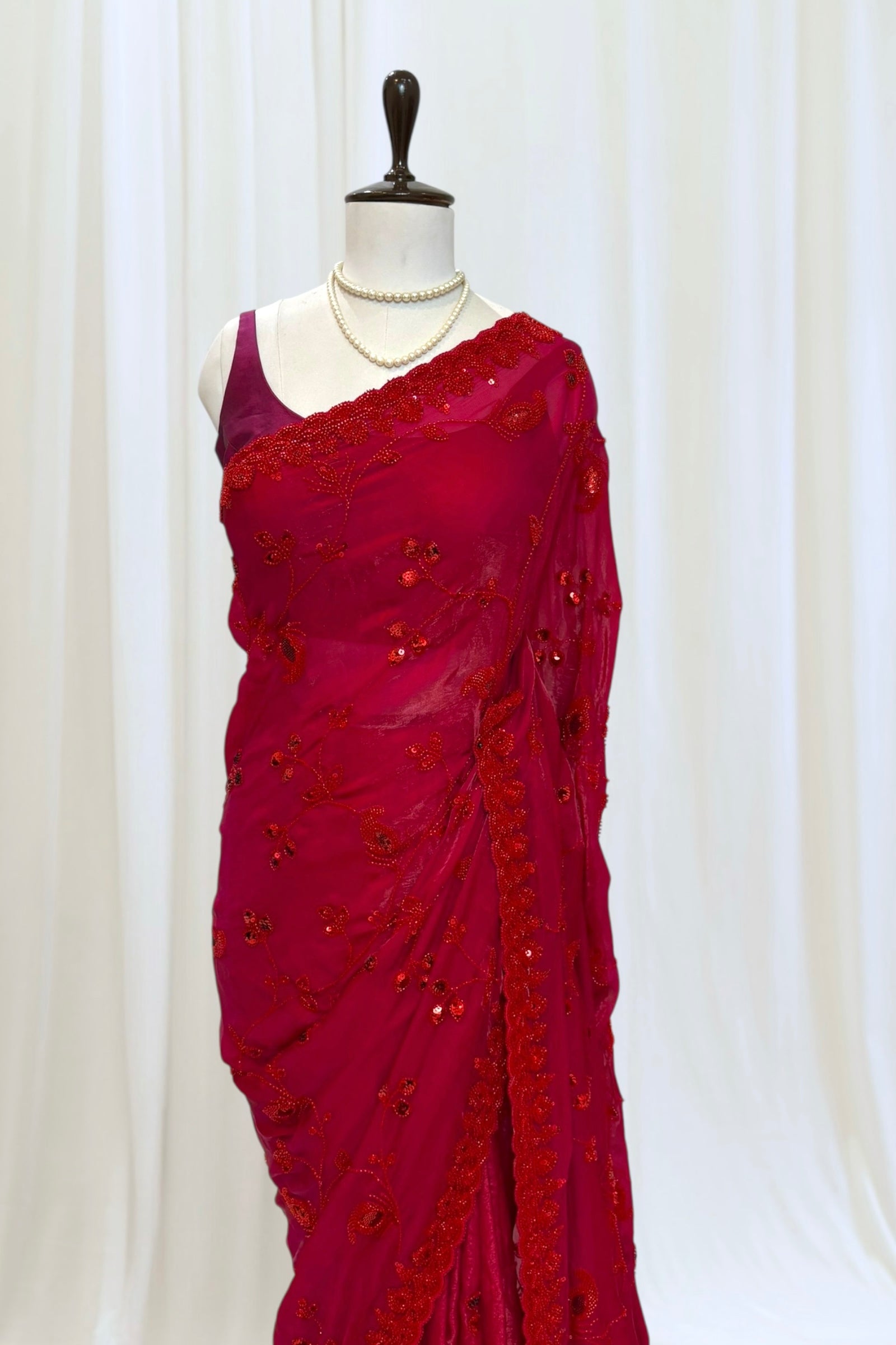 Crimson sequins bead work saree